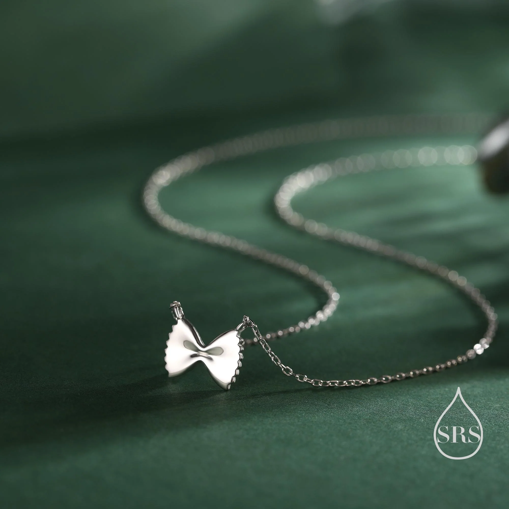 Farfalle Pasta Shape Pendant Necklace in Sterling Silver, Ribbon Bow Necklace, Playful and Quirky Food Jewellery, Silver, Gold or Rose Gold