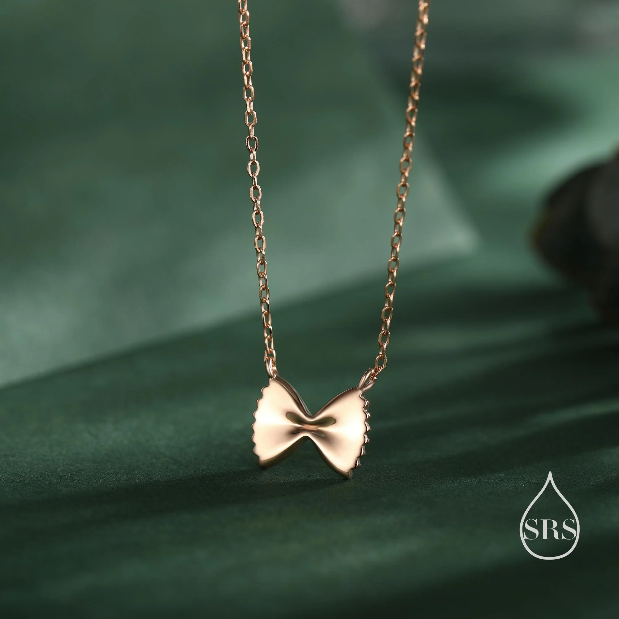 Farfalle Pasta Shape Pendant Necklace in Sterling Silver, Ribbon Bow Necklace, Playful and Quirky Food Jewellery, Silver, Gold or Rose Gold - Image 2