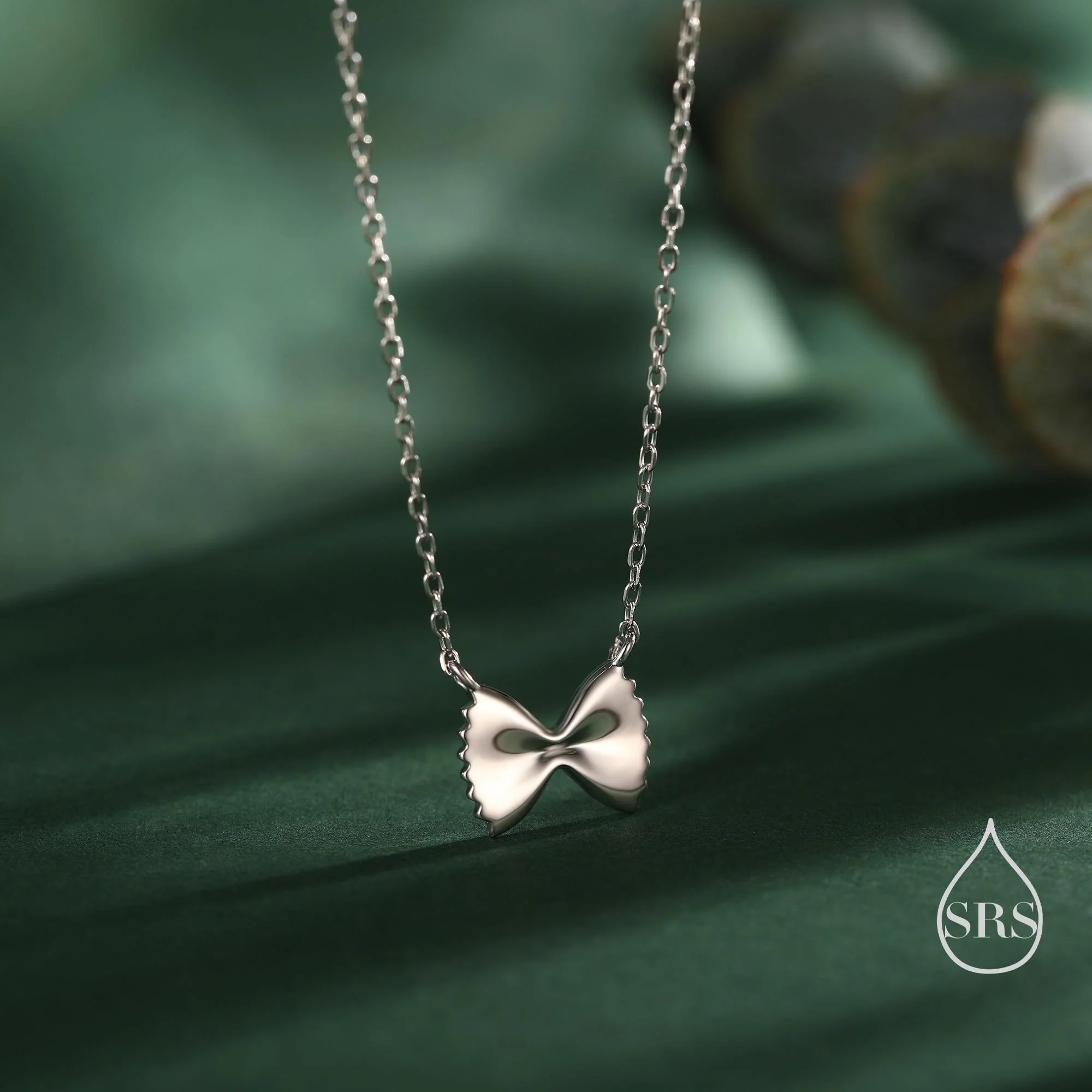 Farfalle Pasta Shape Pendant Necklace in Sterling Silver, Ribbon Bow Necklace, Playful and Quirky Food Jewellery, Silver, Gold or Rose Gold - Image 4