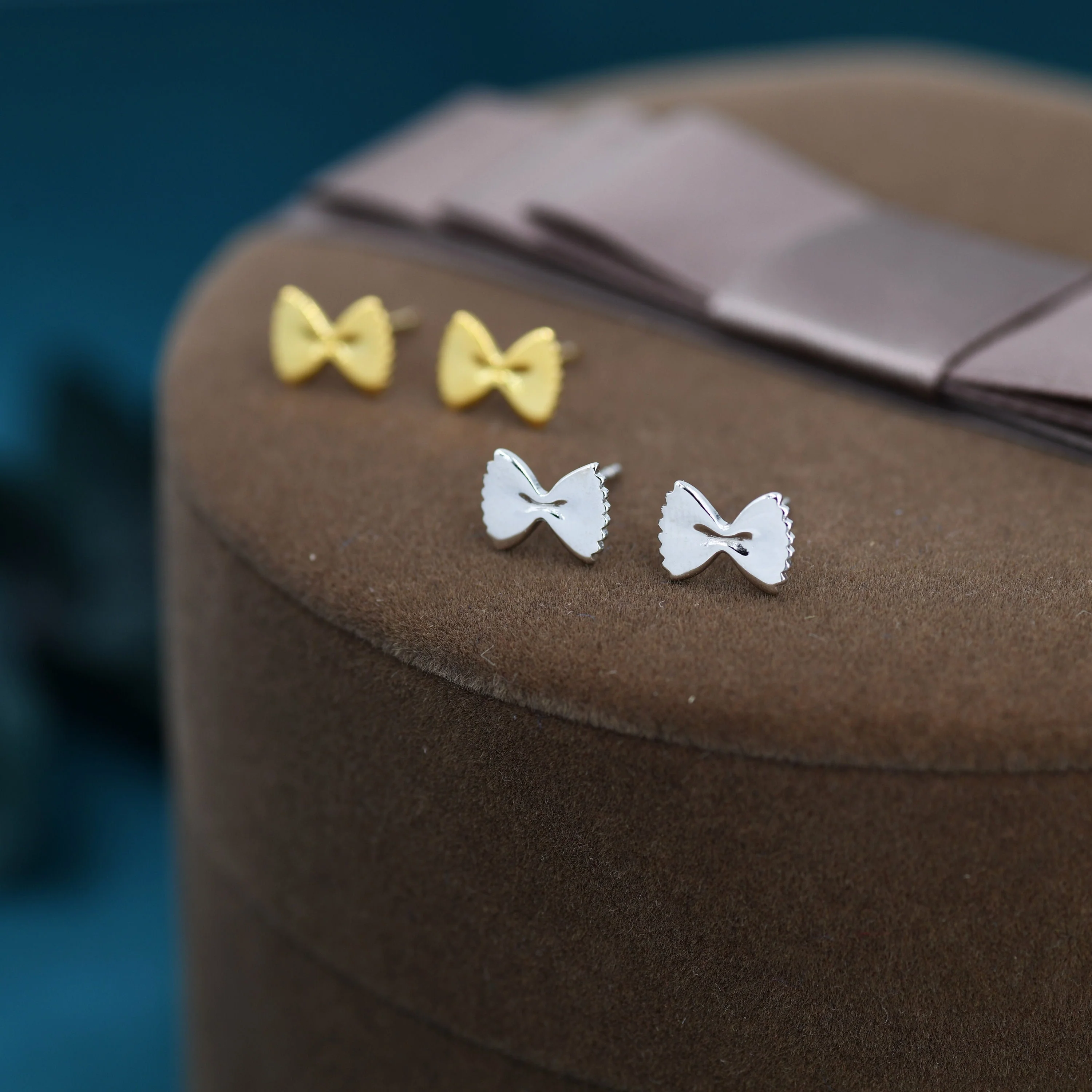 Farfalle Pasta Shape Stud Earrings in Sterling Silver, Ribbon Bow Earrings, Playful and Quirky Food Jewellery, Silver or Gold - Image 3