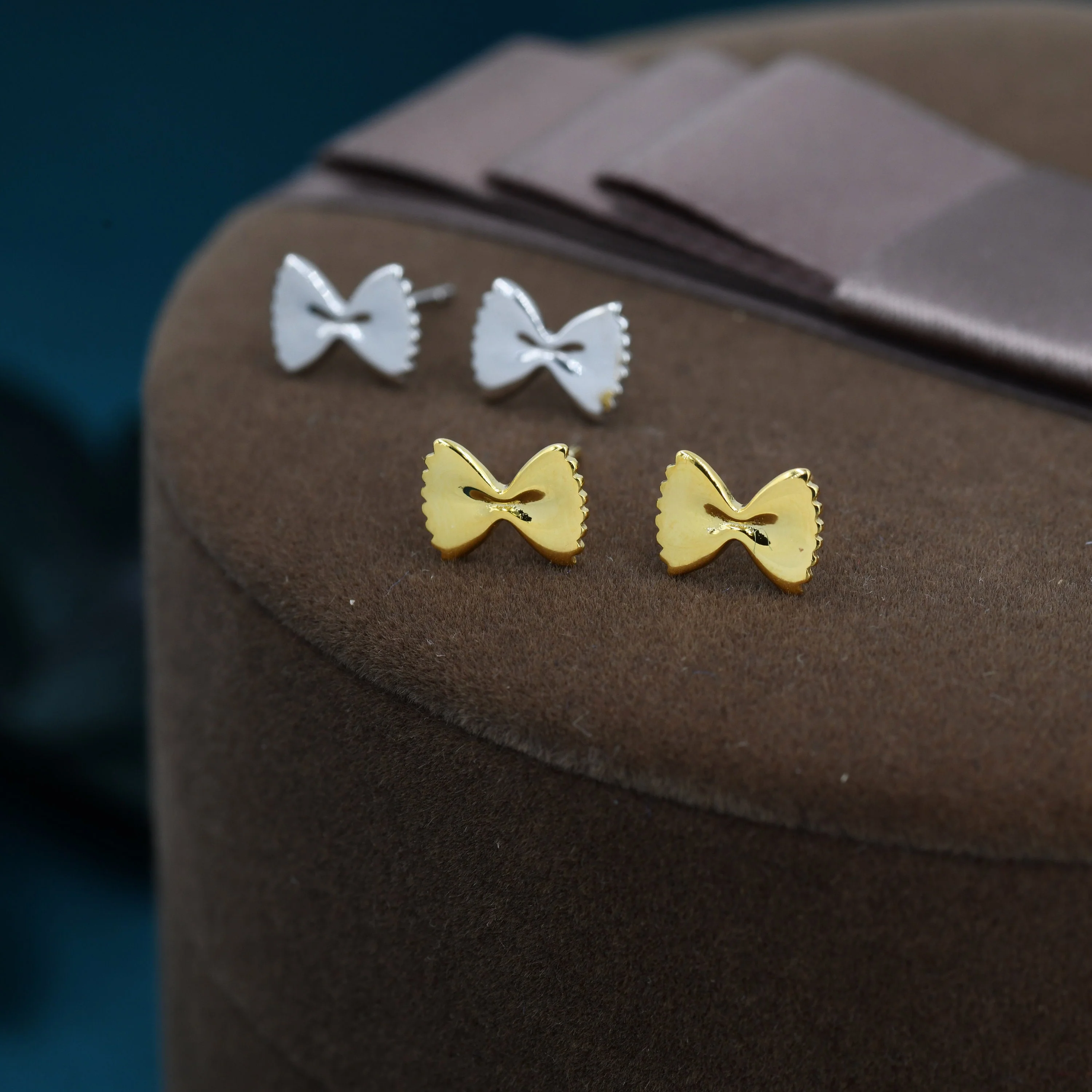 Farfalle Pasta Shape Stud Earrings in Sterling Silver, Ribbon Bow Earrings, Playful and Quirky Food Jewellery, Silver or Gold - Image 6