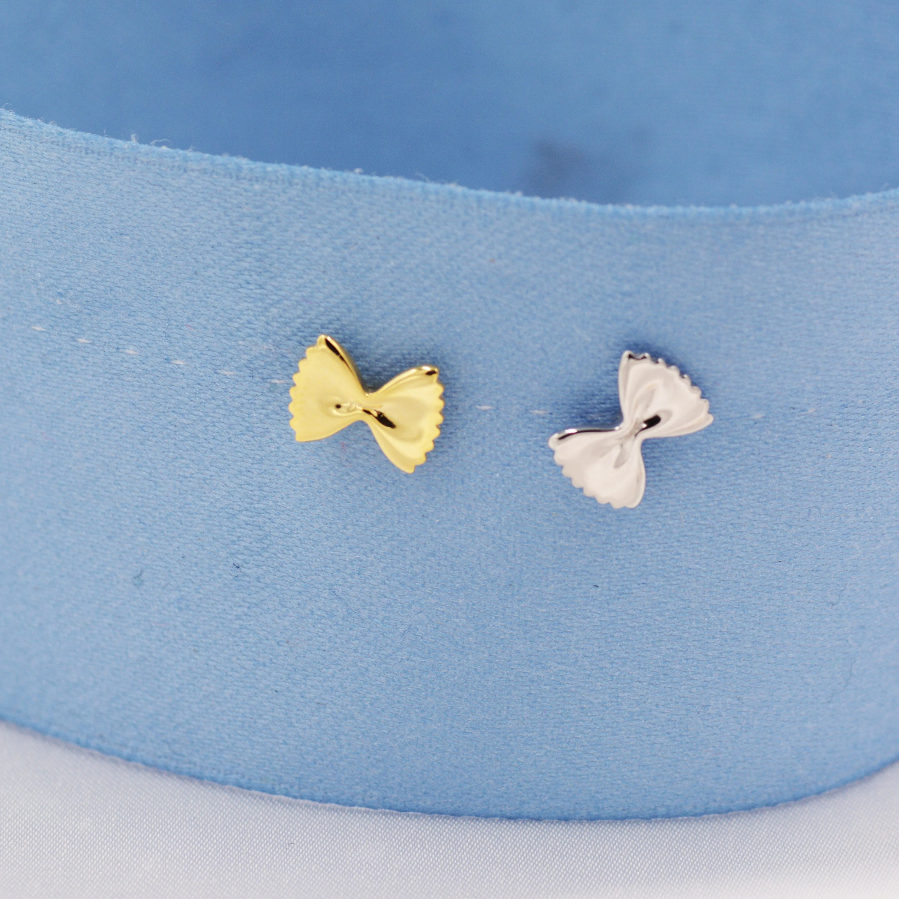 Farfalle Pasta Shape Stud Earrings in Sterling Silver, Ribbon Bow Earrings, Playful and Quirky Food Jewellery, Silver or Gold - Image 7