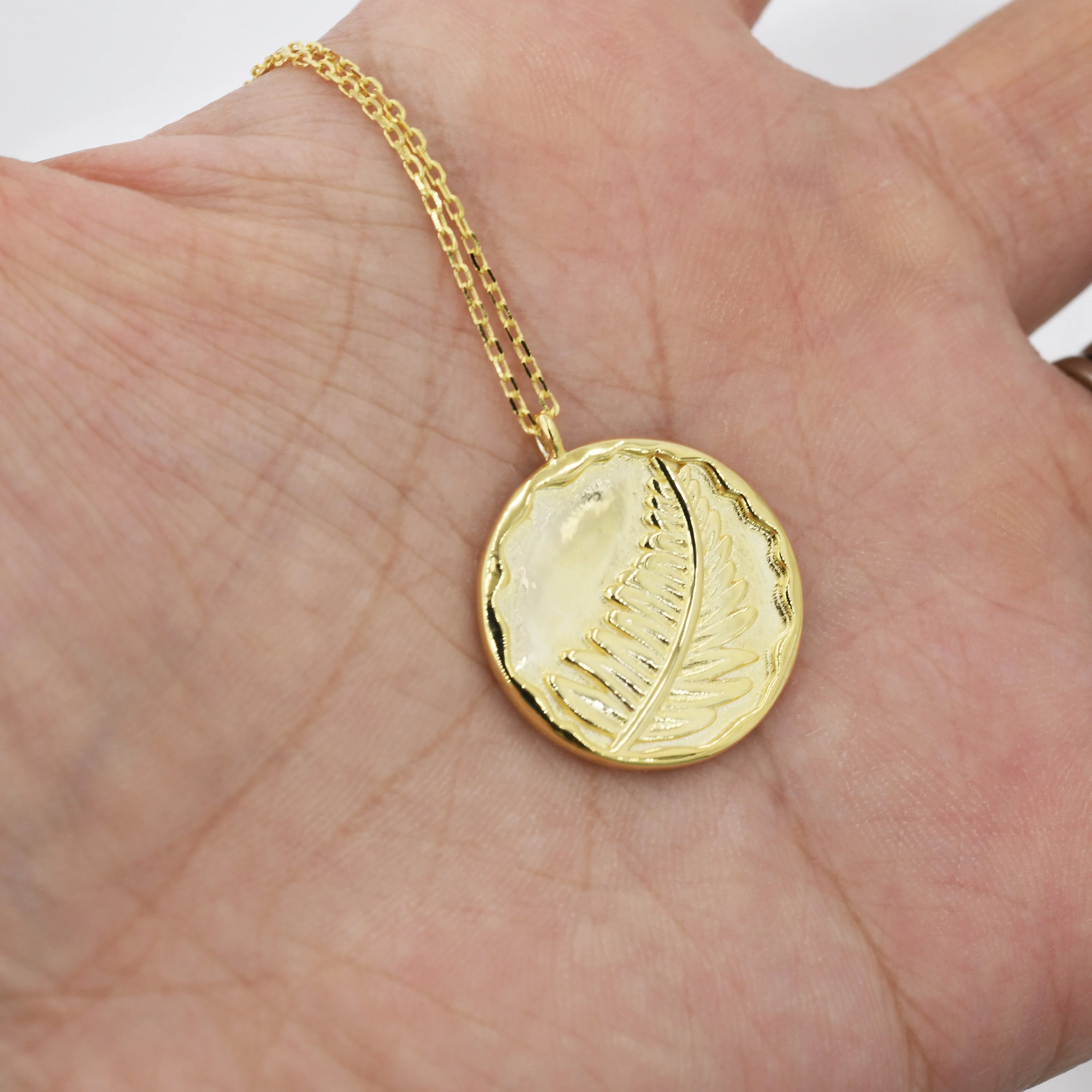 Fern Leaf Round Disk Coin Pendant Necklace in Sterling Silver, Silver Leaf Pendant, Silver or Gold, Nature Inspired Jewellery, - Image 3