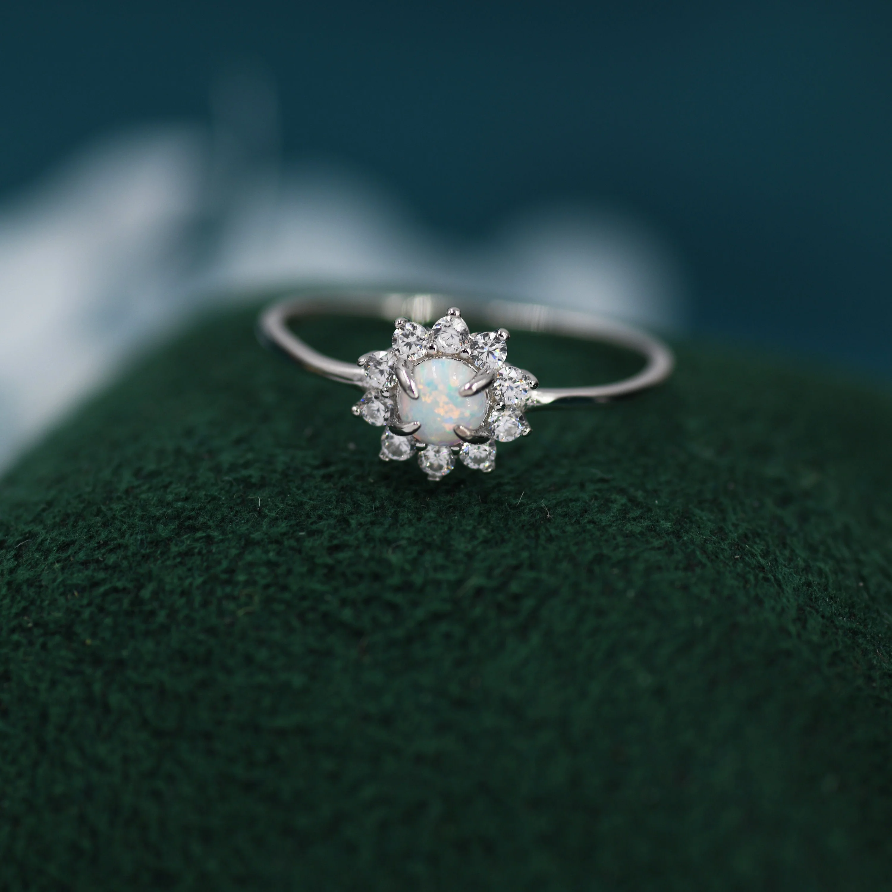 Fire Opal CZ Halo Ring in Sterling Silver, US 5 - 8, 4x6mm, Lab Opal Stone Ring, White Opal Ring - Image 2
