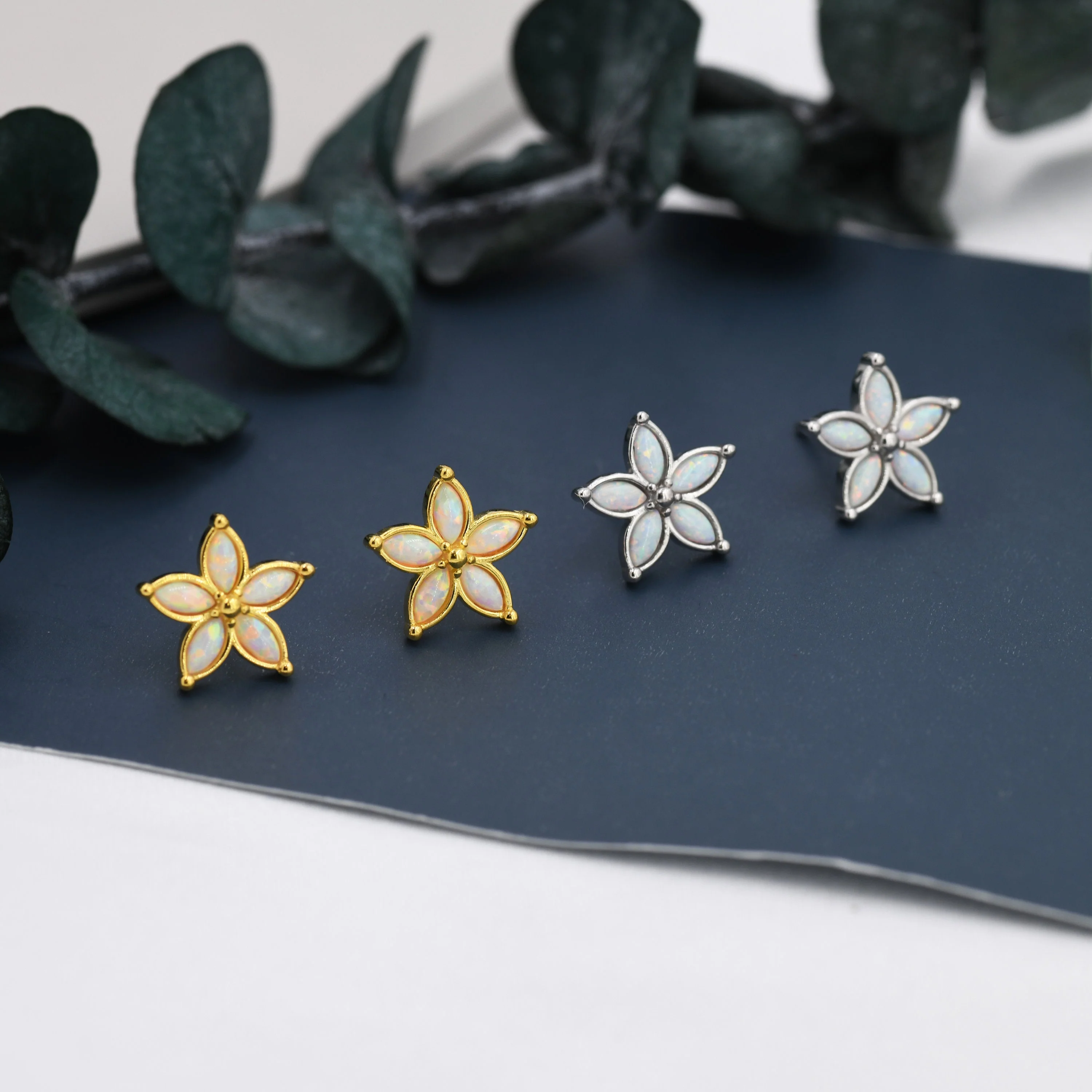 Fire Opal Flower Stud Earrings in Sterling Silver - Gold or Silver - Opal Forget-me-not - Opal Cluster - Petite Stud Earrings - Image 2