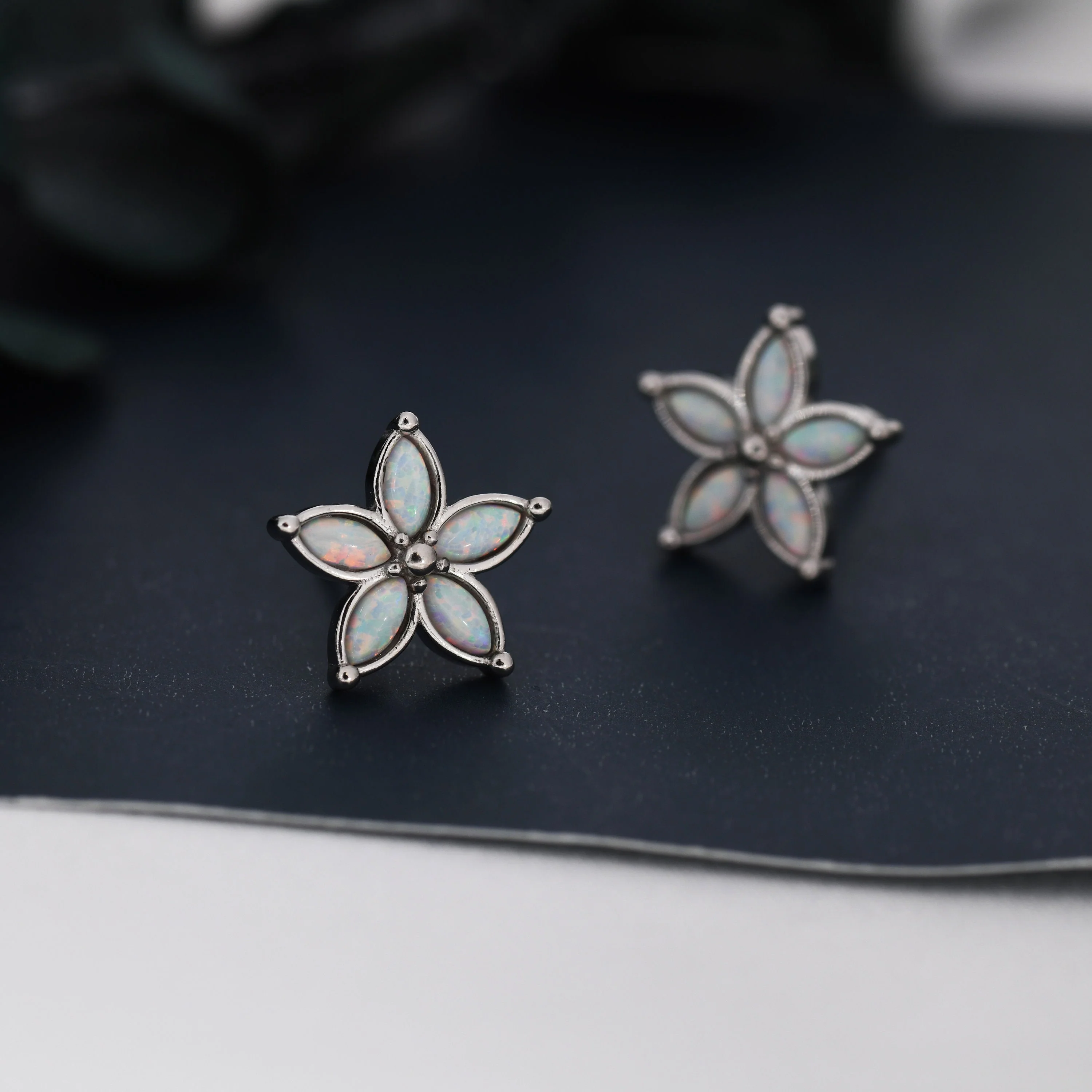 Fire Opal Flower Stud Earrings in Sterling Silver - Gold or Silver - Opal Forget-me-not - Opal Cluster - Petite Stud Earrings - Image 6
