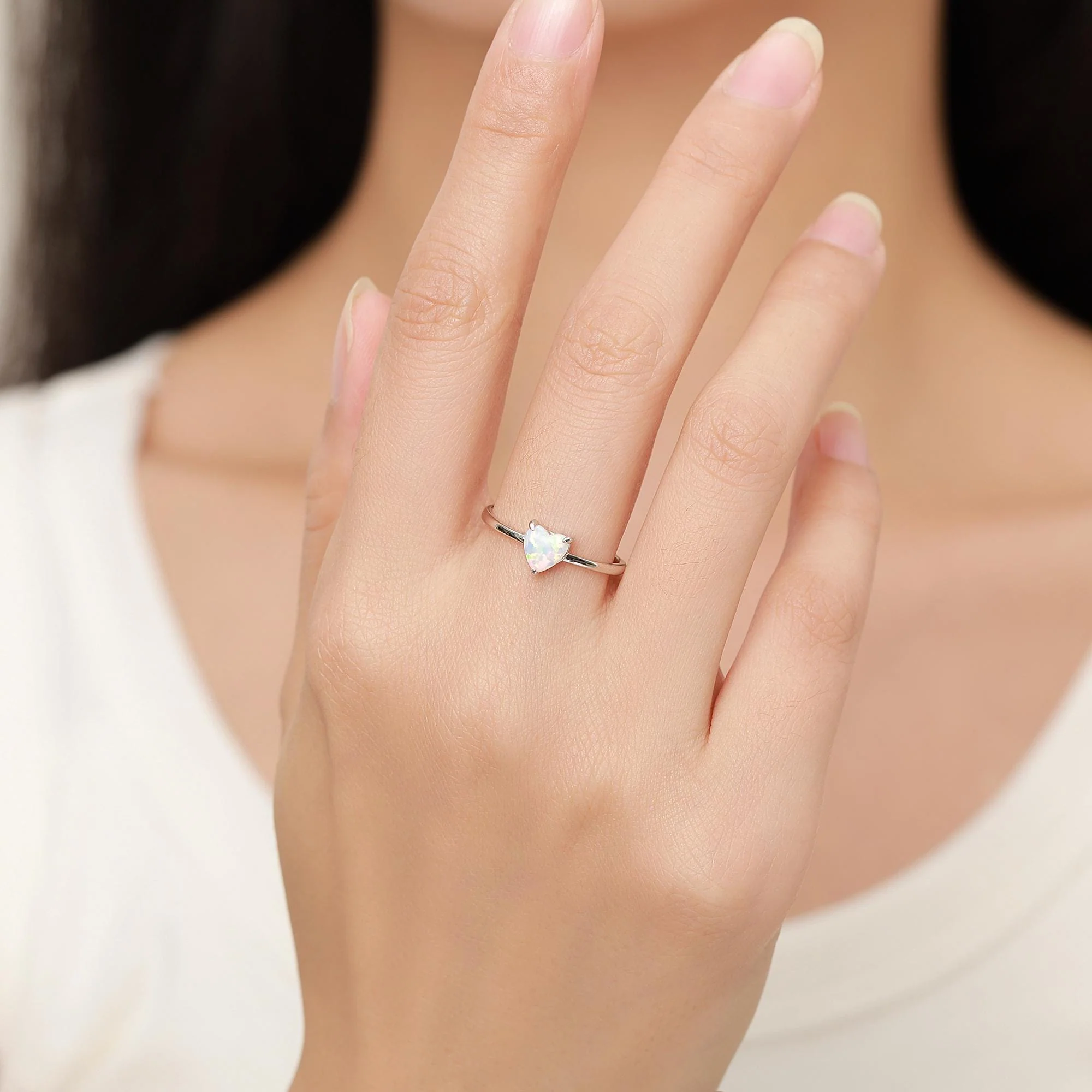 Fire Opal Heart Ring in Sterling Silver, Adjustable Size Opal Ring, Prong Set, Lab Opal Stone Ring, Opal Ring, Delicate Stacking Ring - Image 15