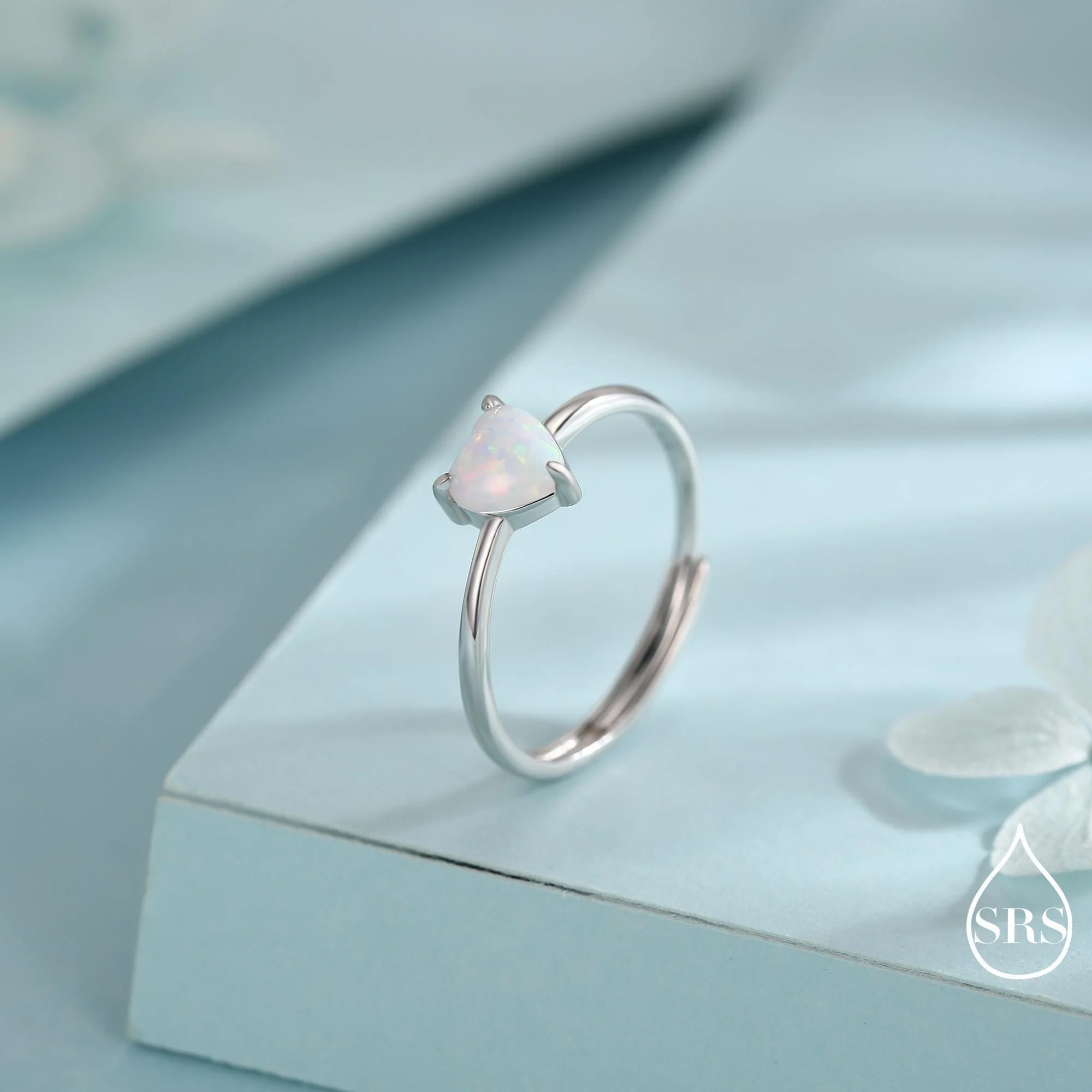 Fire Opal Heart Ring in Sterling Silver, Adjustable Size Opal Ring, Prong Set, Lab Opal Stone Ring, Opal Ring, Delicate Stacking Ring - Image 4
