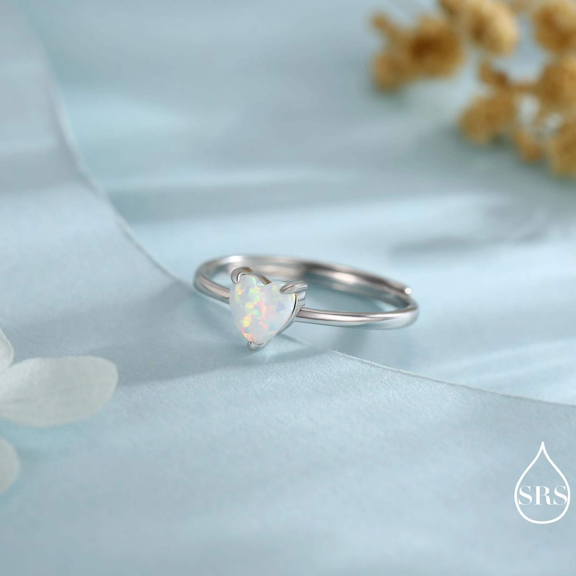 Fire Opal Heart Ring in Sterling Silver, Adjustable Size Opal Ring, Prong Set, Lab Opal Stone Ring, Opal Ring, Delicate Stacking Ring - Image 7