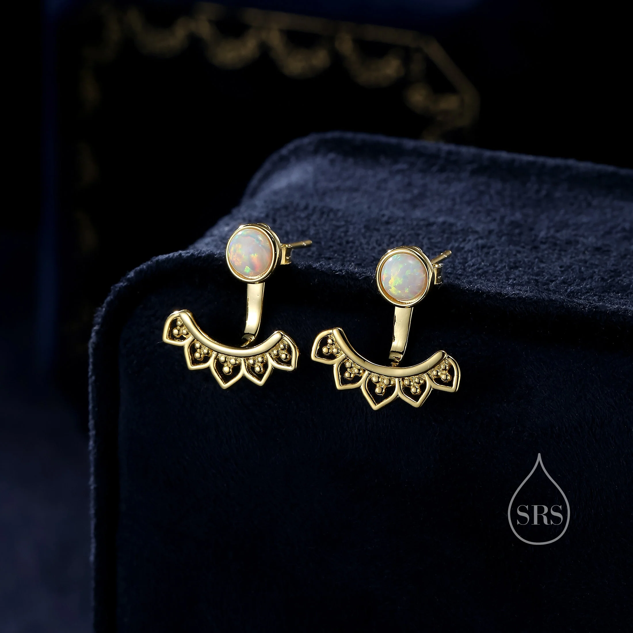 Fire Opal Lotus Ear Jacket in Sterling Silver, Lab Opal Lotus Jacket Earrings in Sterling Silver, Silver or Gold, Front and Back - Image 2