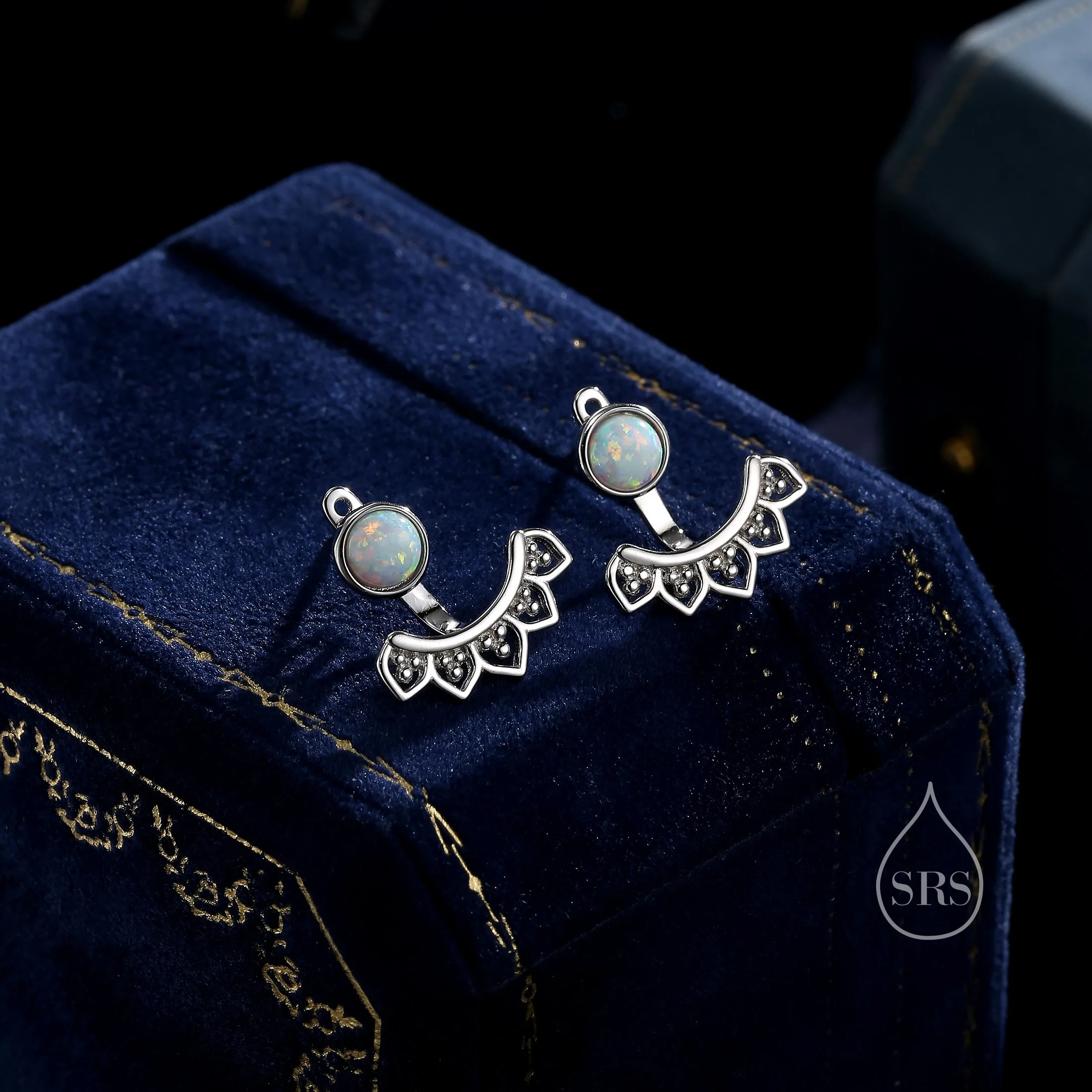 Fire Opal Lotus Ear Jacket in Sterling Silver, Lab Opal Lotus Jacket Earrings in Sterling Silver, Silver or Gold, Front and Back - Image 3