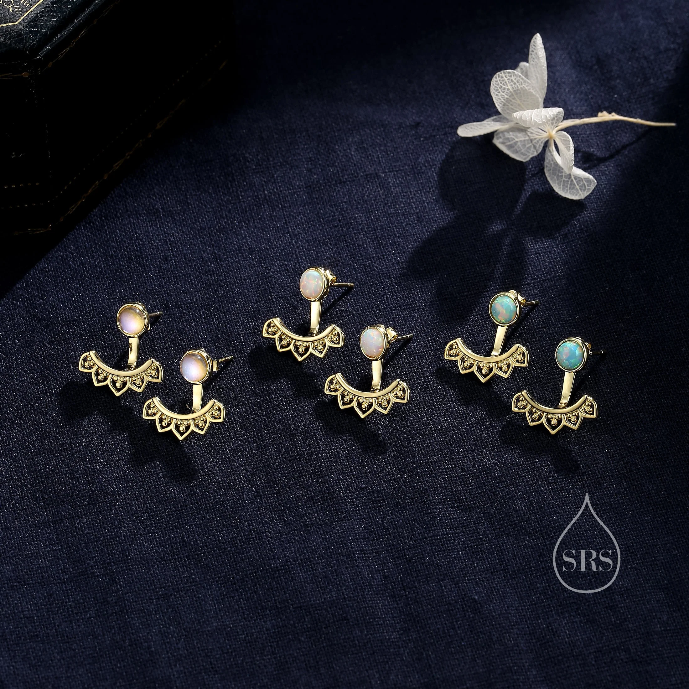 Fire Opal Lotus Ear Jacket in Sterling Silver, Lab Opal Lotus Jacket Earrings in Sterling Silver, Silver or Gold, Front and Back - Image 8