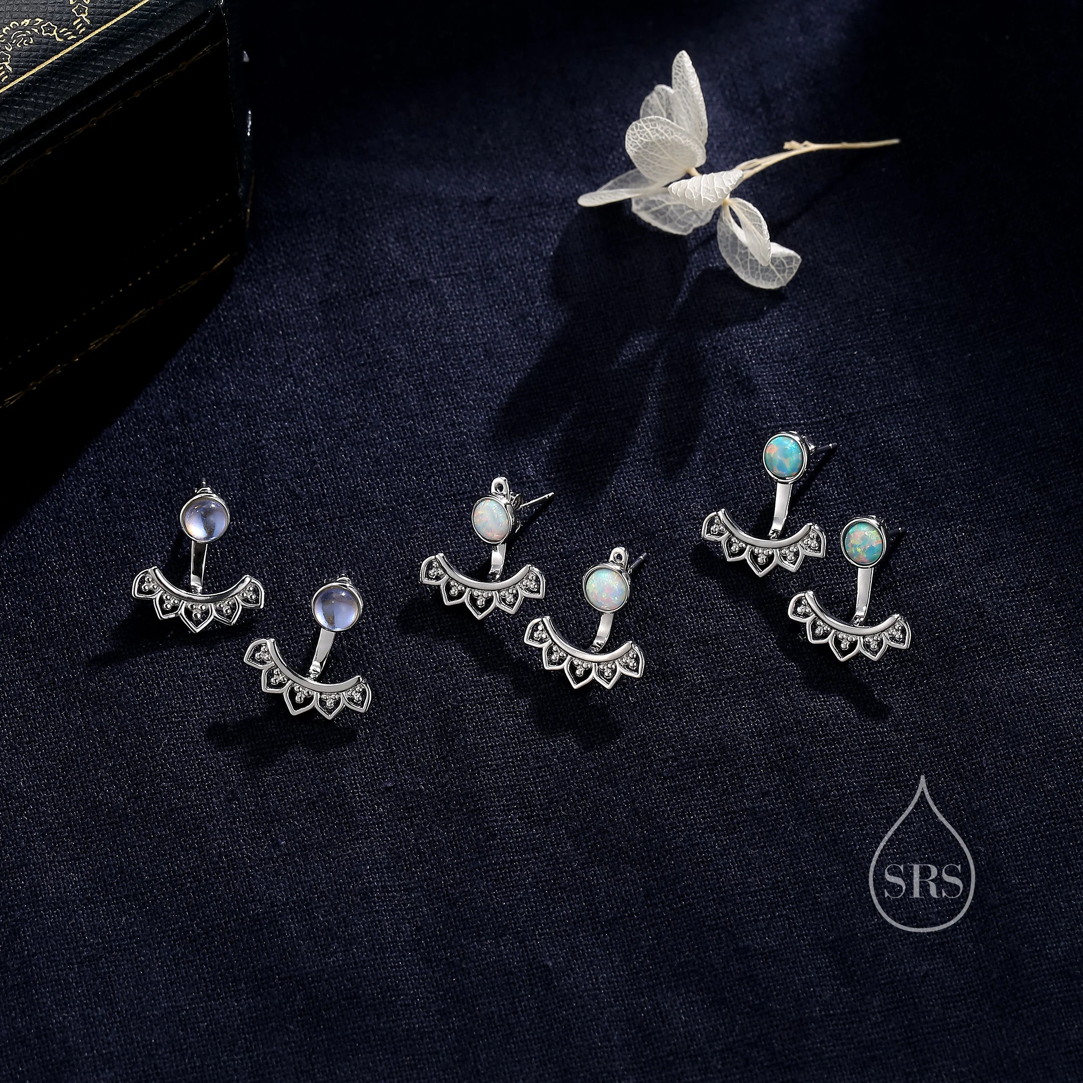 Fire Opal Lotus Ear Jacket in Sterling Silver, Lab Opal Lotus Jacket Earrings in Sterling Silver, Silver or Gold, Front and Back - Image 9
