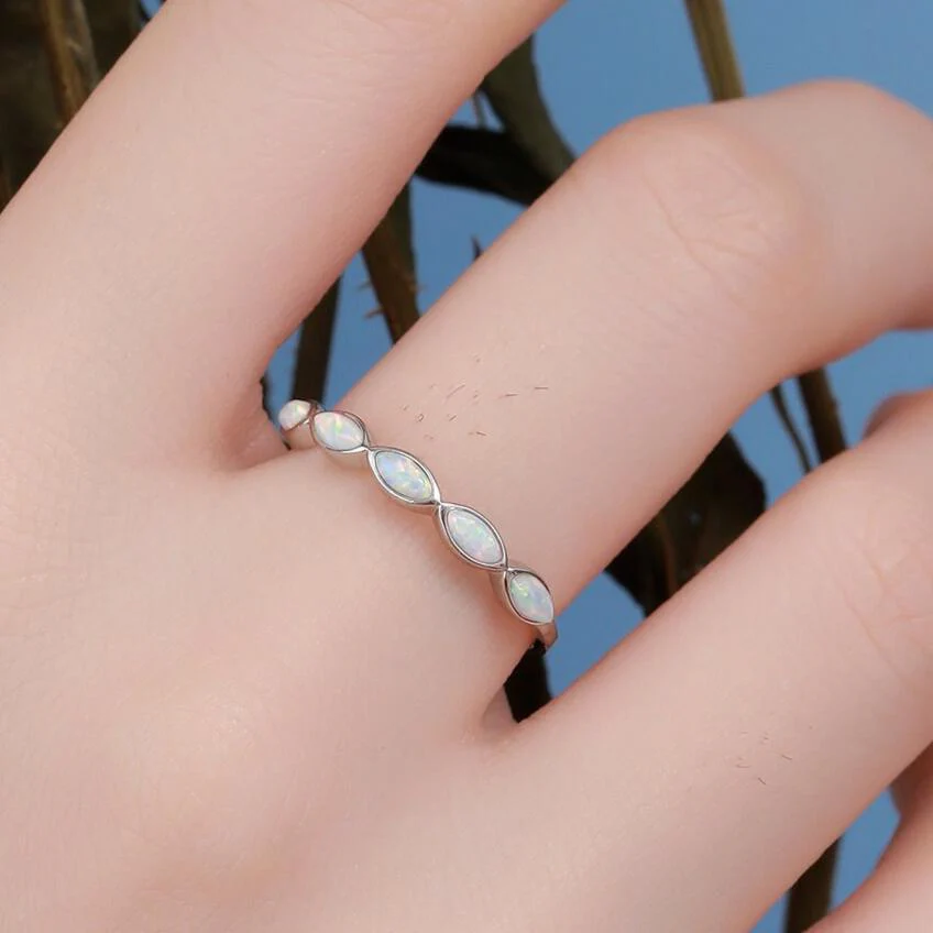 Fire Opal Marquise Ring in Sterling Silver, US 5 - 8, Opal Cluster Ring, Silver Opal Ring, Lab Opal Stone Ring, White Opal Ring - Image 8