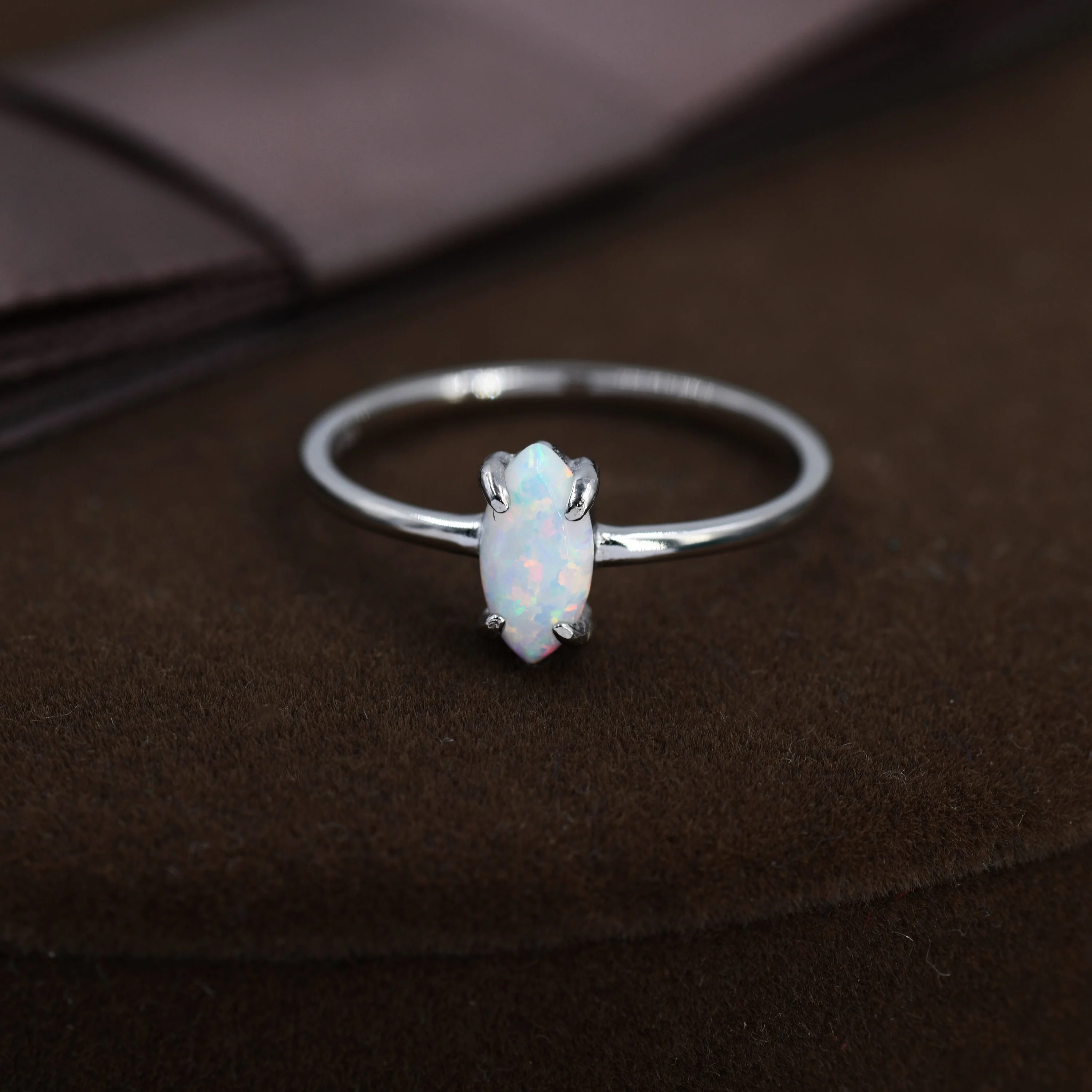 Fire Opal Marquise Ring in Sterling Silver, US 5 - 8, Single Opal Marquise Ring, Silver Opal Ring, Lab Opal Stone Ring, White Opal Ring