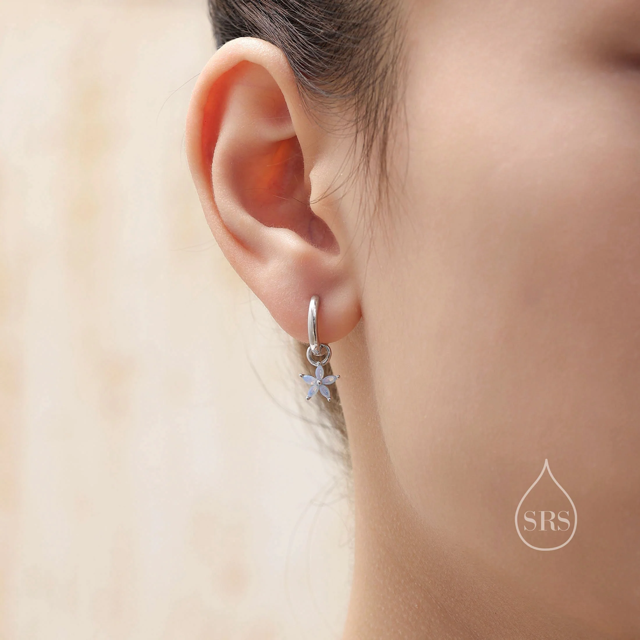 Flower CZ Huggie Hoop in Sterling Silver, Opal Blue or Opal Pink Flower Hoops, Silver or Gold,  Detachable and Interchangeable Flower Charms - Image 3