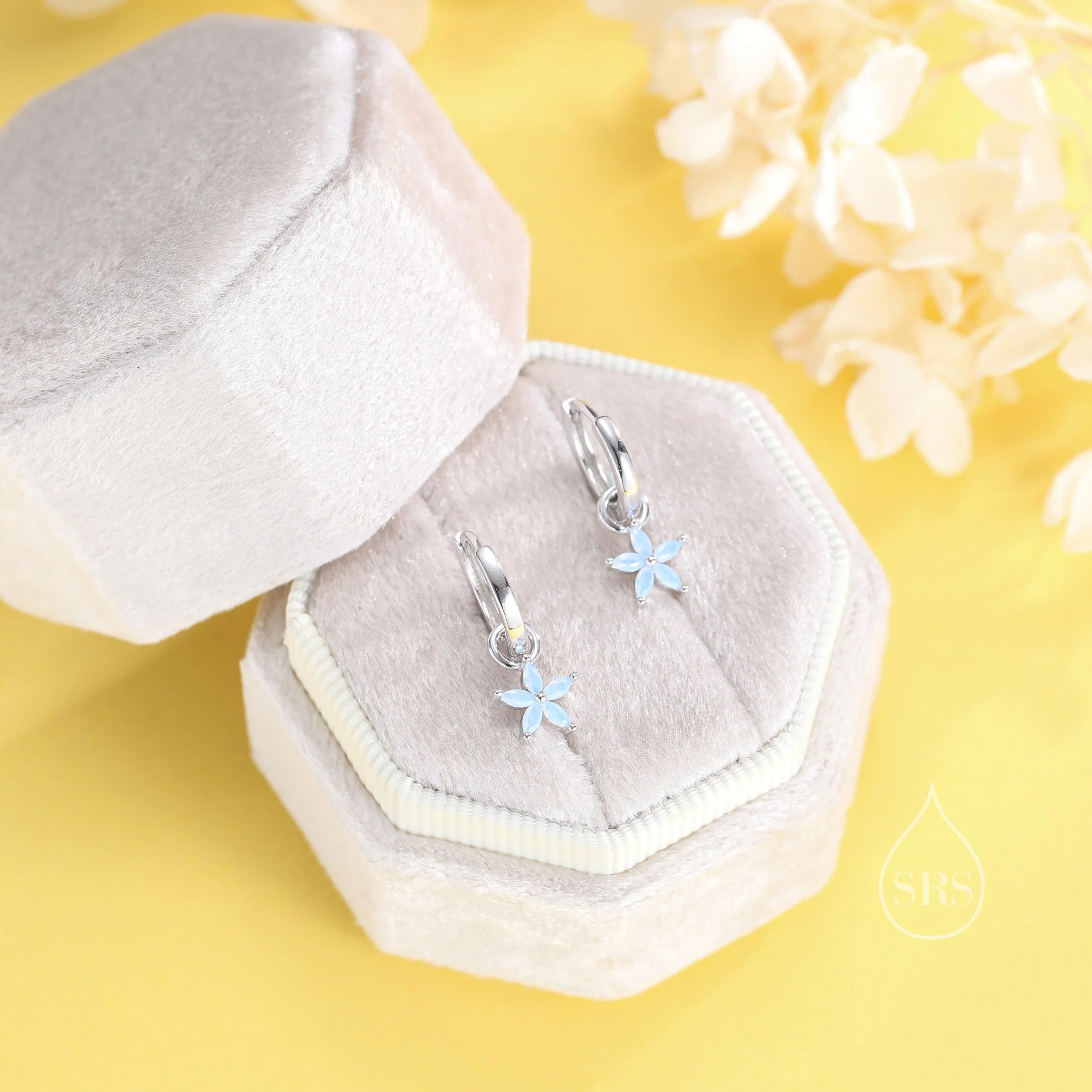 Flower CZ Huggie Hoop in Sterling Silver, Opal Blue or Opal Pink Flower Hoops, Silver or Gold,  Detachable and Interchangeable Flower Charms - Image 4