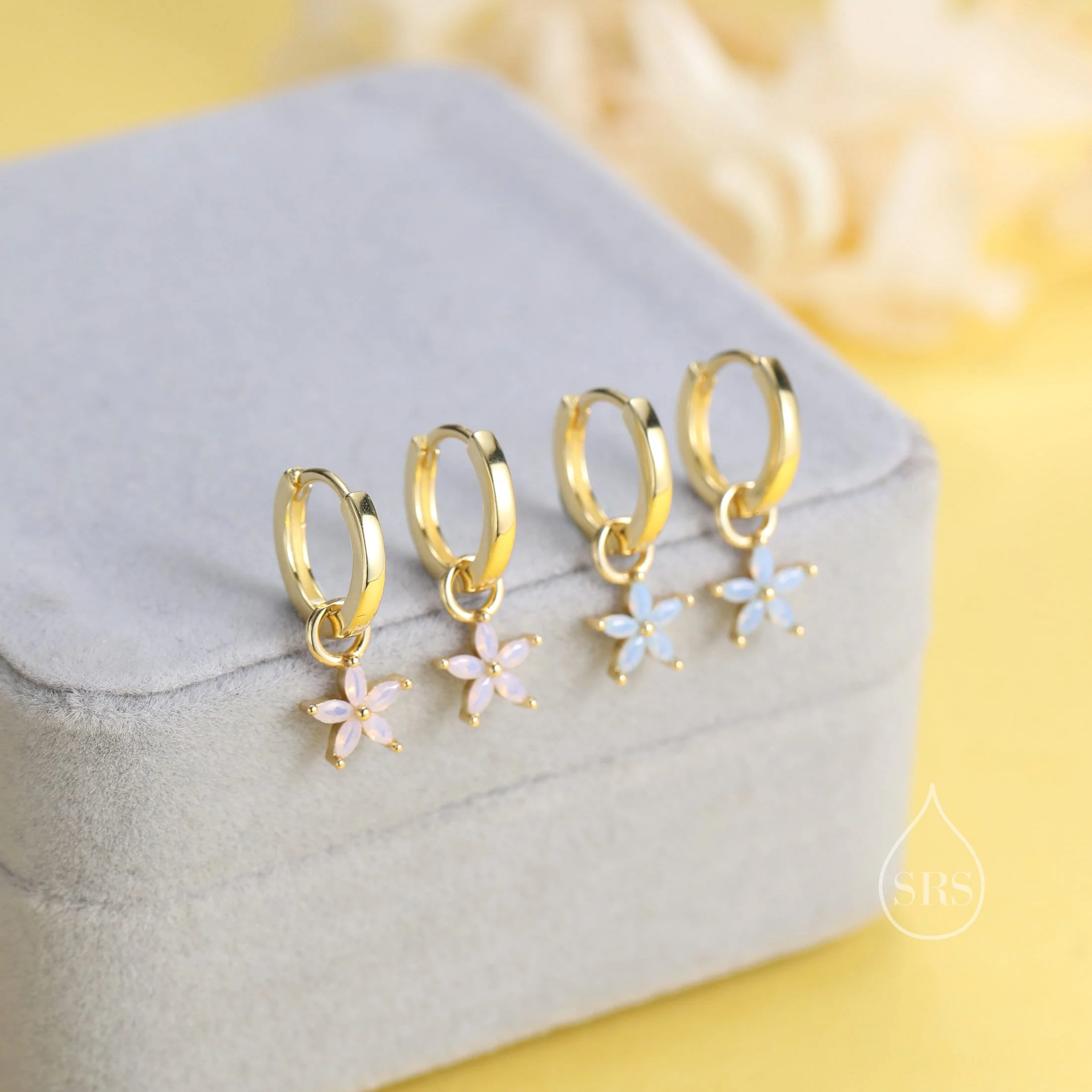 Flower CZ Huggie Hoop in Sterling Silver, Opal Blue or Opal Pink Flower Hoops, Silver or Gold,  Detachable and Interchangeable Flower Charms - Image 7