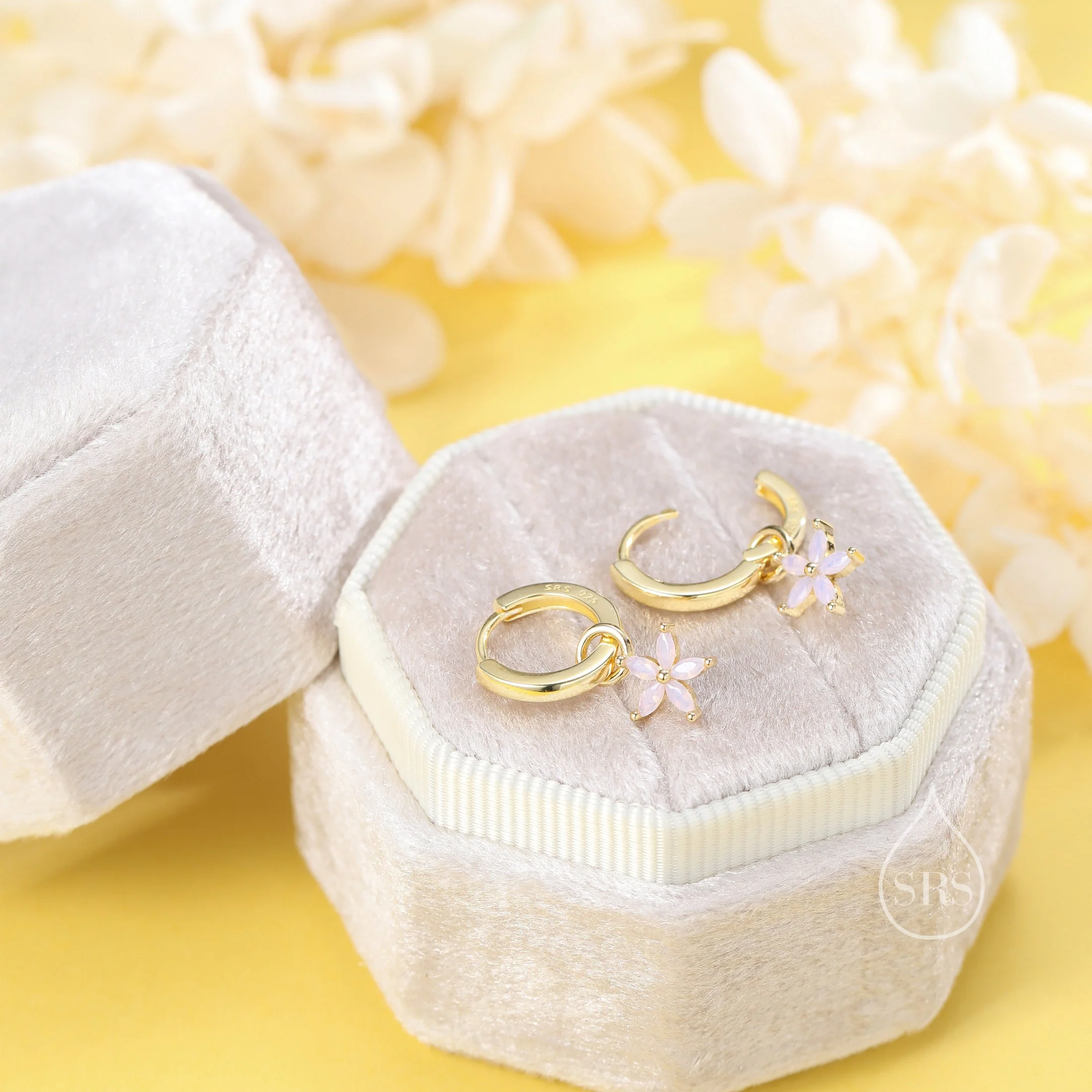 Flower CZ Huggie Hoop in Sterling Silver, Opal Blue or Opal Pink Flower Hoops, Silver or Gold,  Detachable and Interchangeable Flower Charms - Image 8
