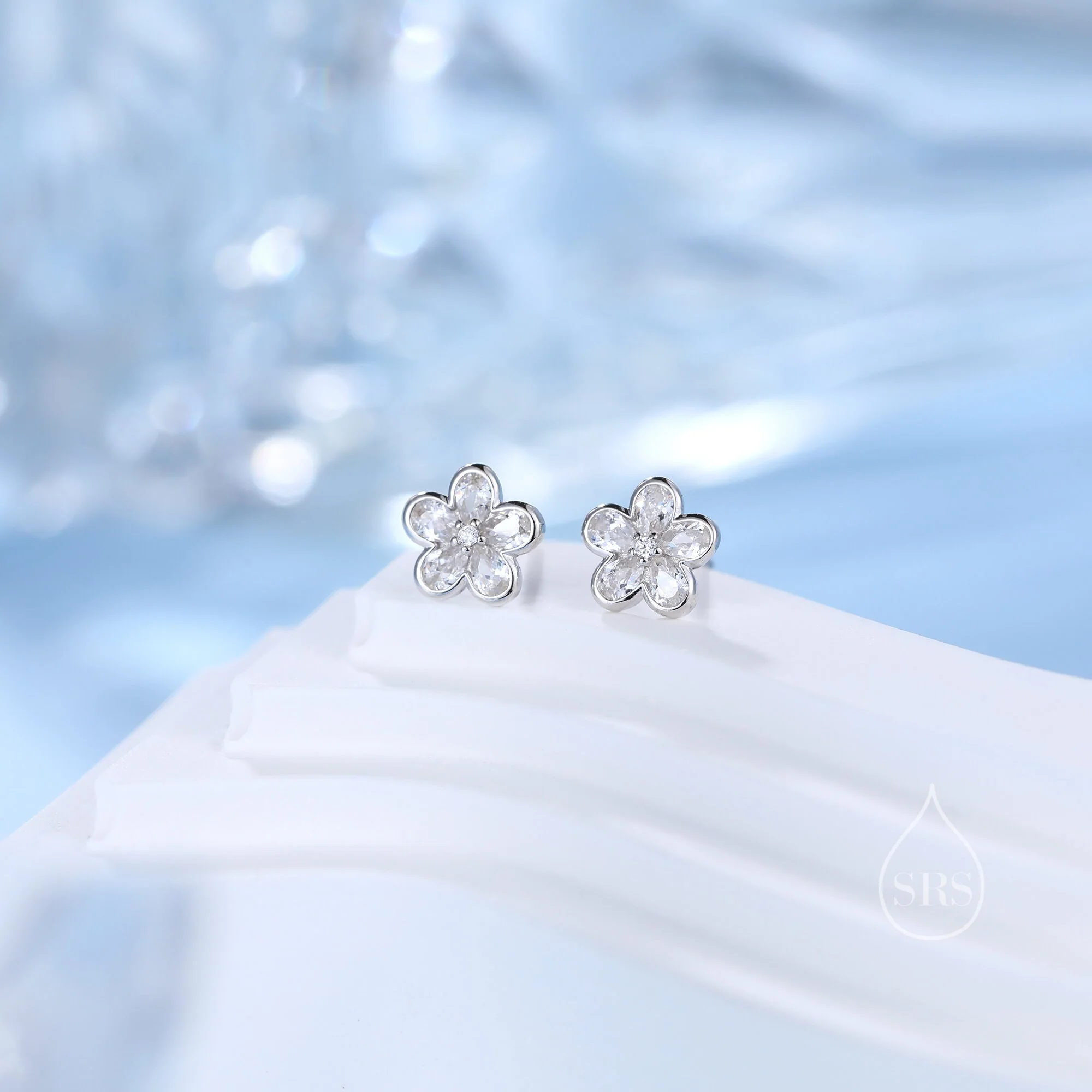 Flower CZ Stud Earrings in Sterling Silver, Forget Me Not Floral CZ Earrings, Silver or Gold, Flower CZ Earrings - Image 4