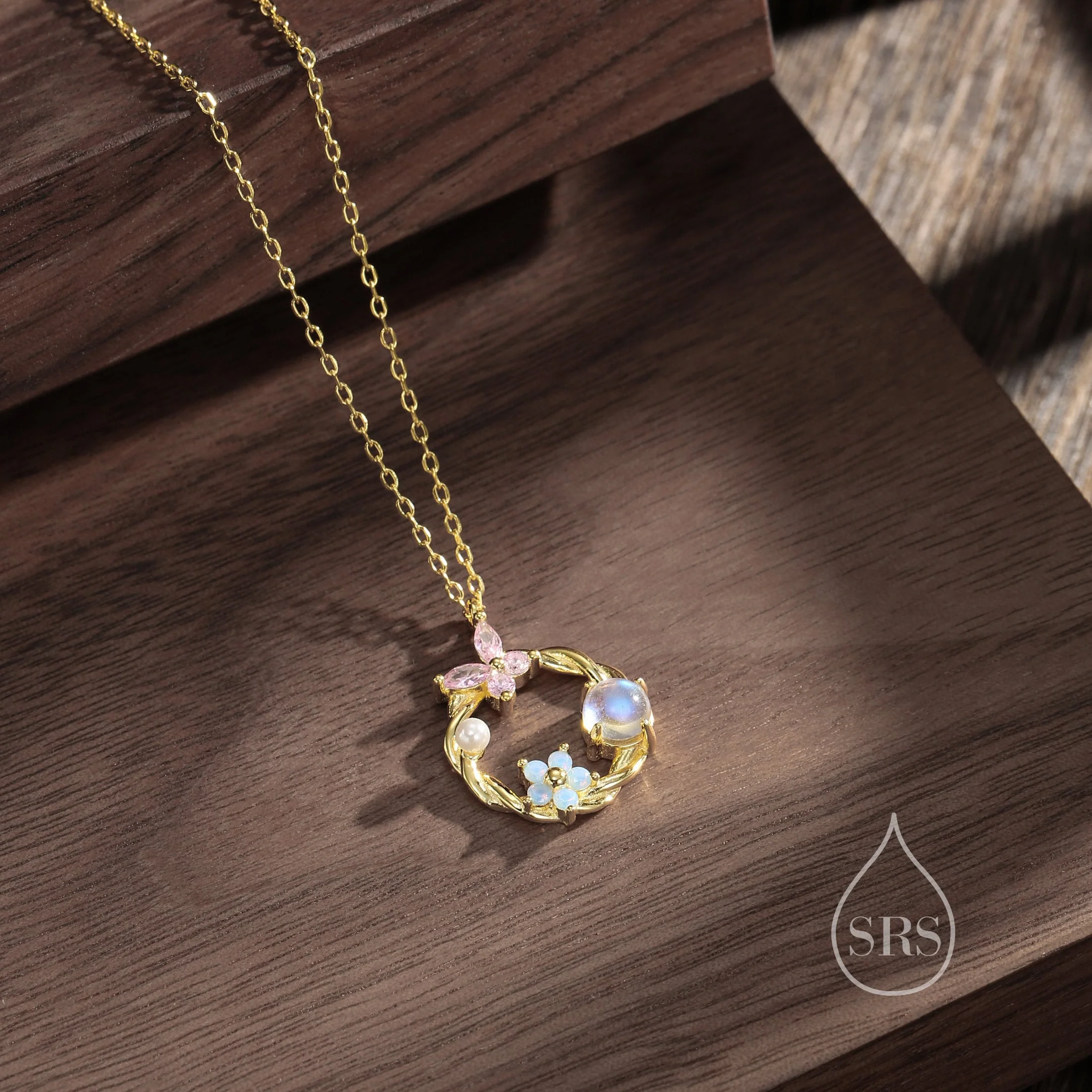 Forget Me Not and Butterfly Wreath Necklace in Sterling Silver, Silver or Gold or Rose Gold, Tiny CZ and Lab Moonstone Flower Necklace - Image 3
