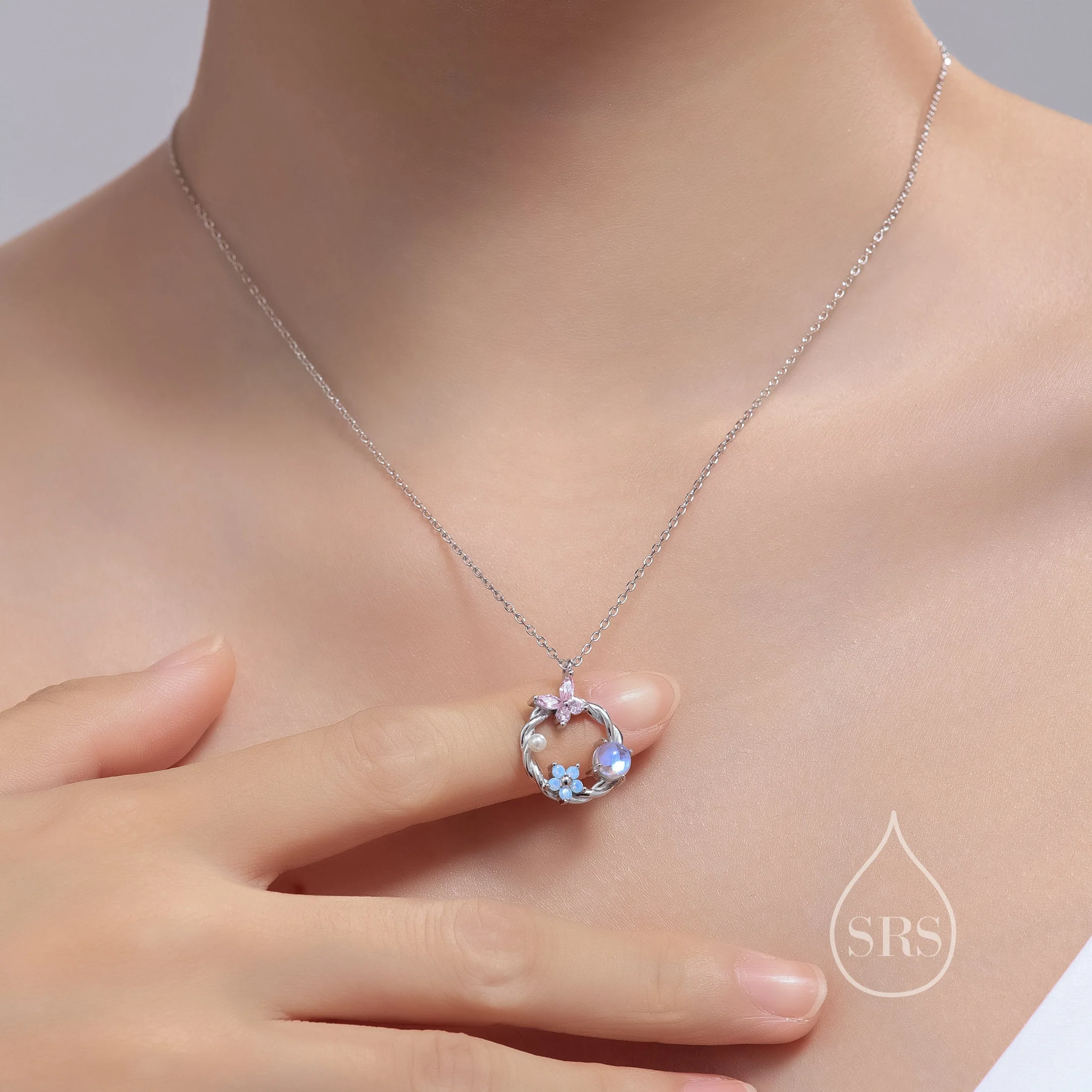 Forget Me Not and Butterfly Wreath Necklace in Sterling Silver, Silver or Gold or Rose Gold, Tiny CZ and Lab Moonstone Flower Necklace - Image 4