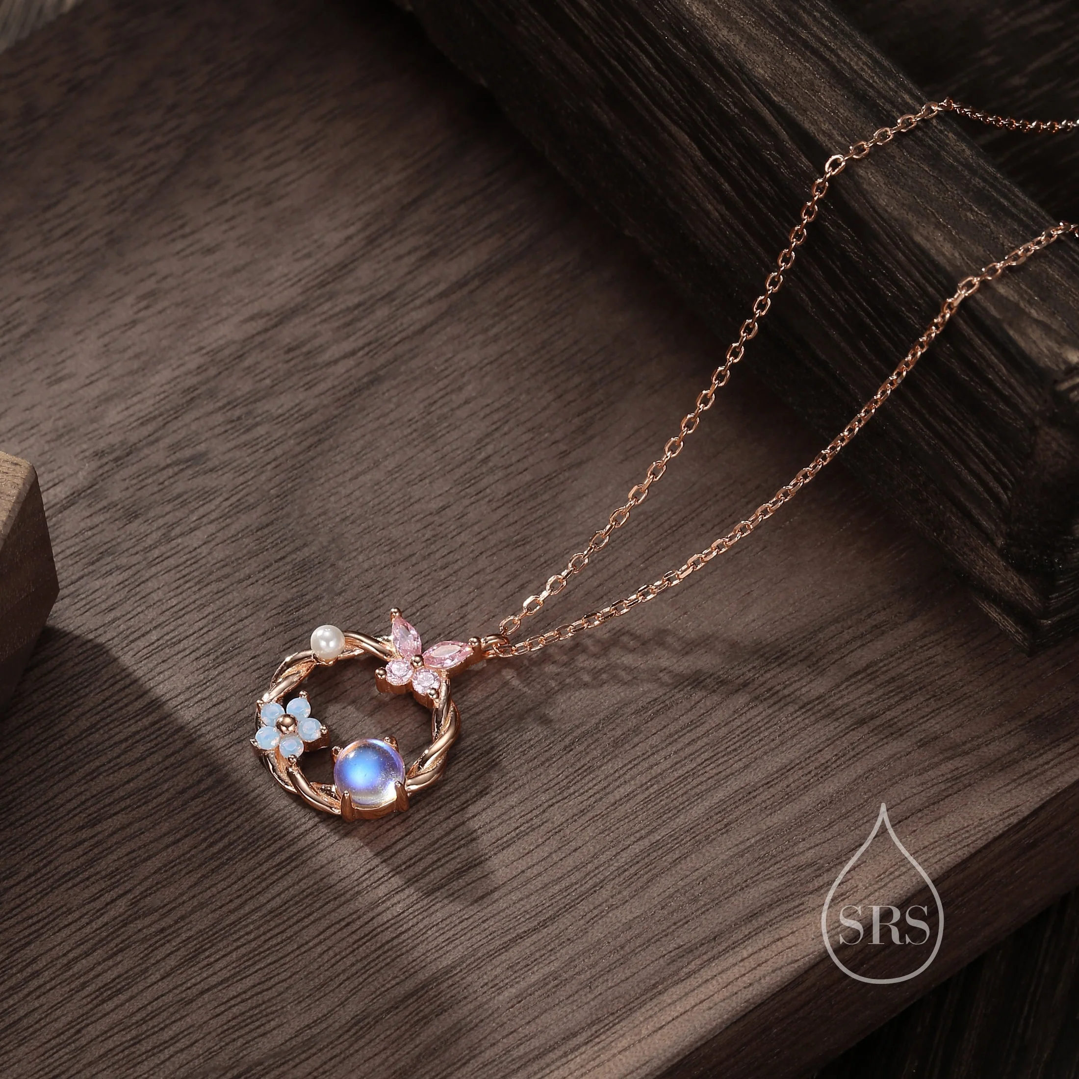 Forget Me Not and Butterfly Wreath Necklace in Sterling Silver, Silver or Gold or Rose Gold, Tiny CZ and Lab Moonstone Flower Necklace - Image 5