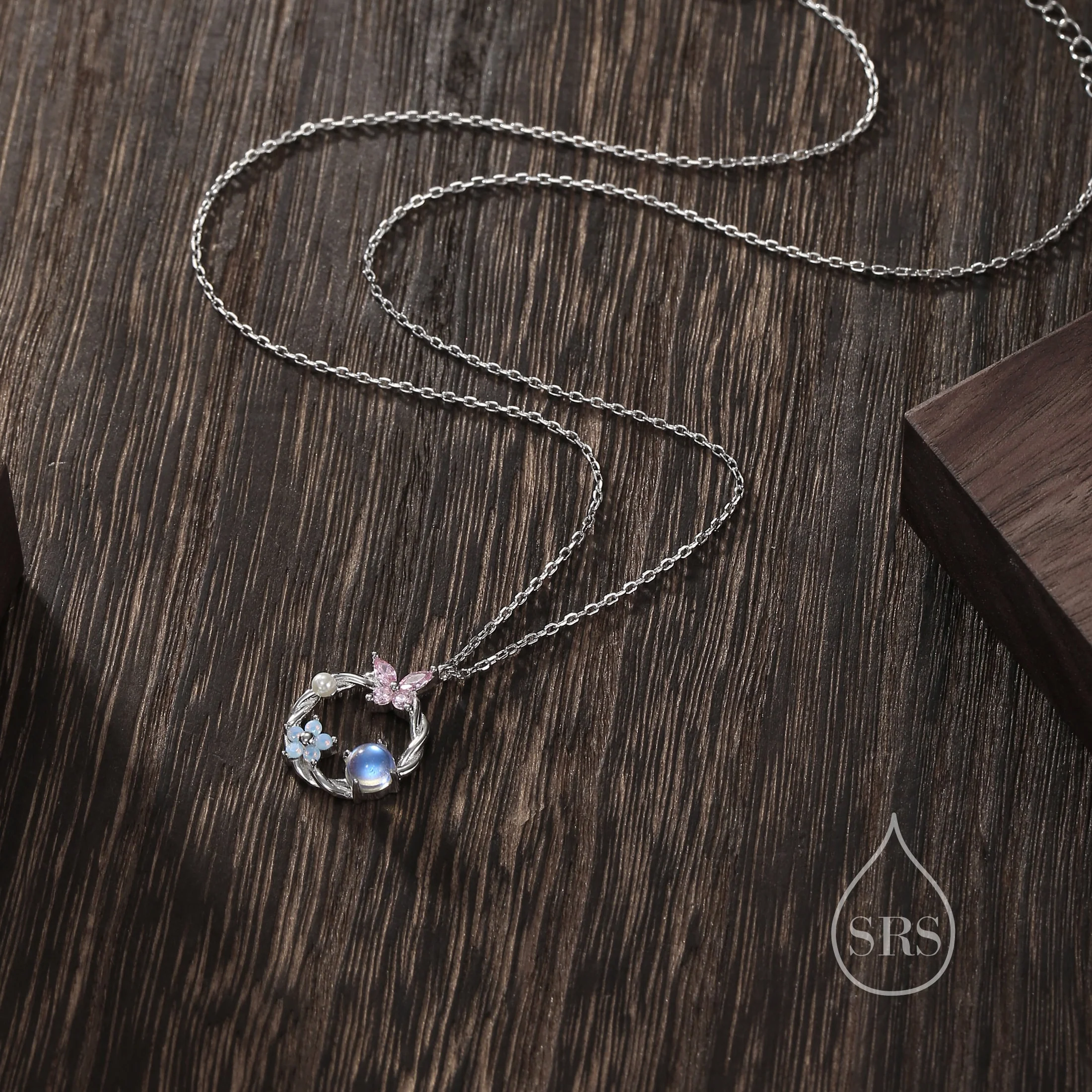 Forget Me Not and Butterfly Wreath Necklace in Sterling Silver, Silver or Gold or Rose Gold, Tiny CZ and Lab Moonstone Flower Necklace - Image 6