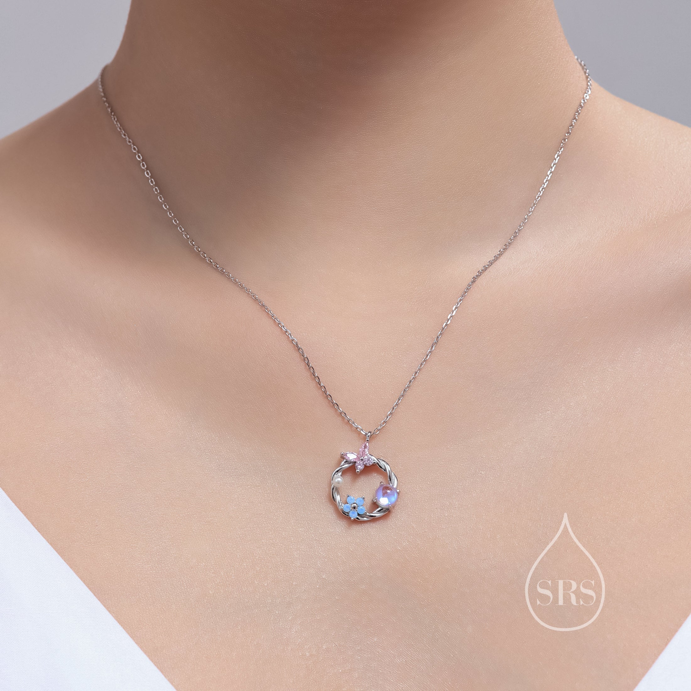 Forget Me Not and Butterfly Wreath Necklace in Sterling Silver, Silver or Gold or Rose Gold, Tiny CZ and Lab Moonstone Flower Necklace - Image 7