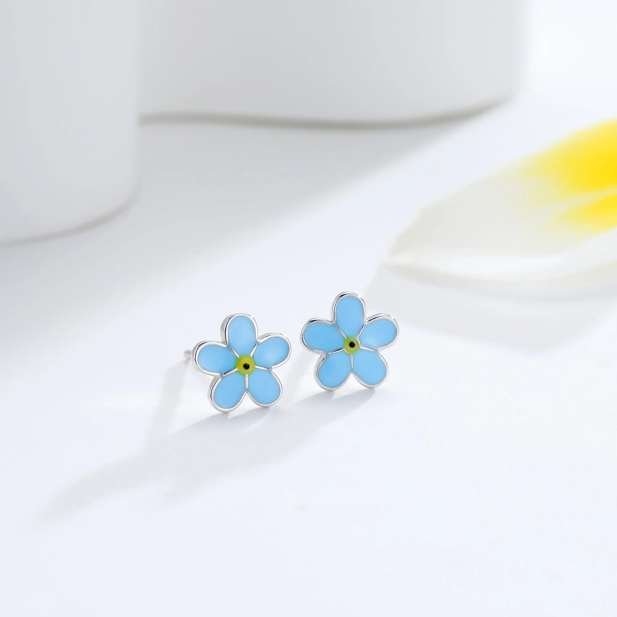 Forget-me-not Enamel Stud Earrings in Sterling Silver, Flower Earrings, Blue Blossom Earrings, Forget me not earrings