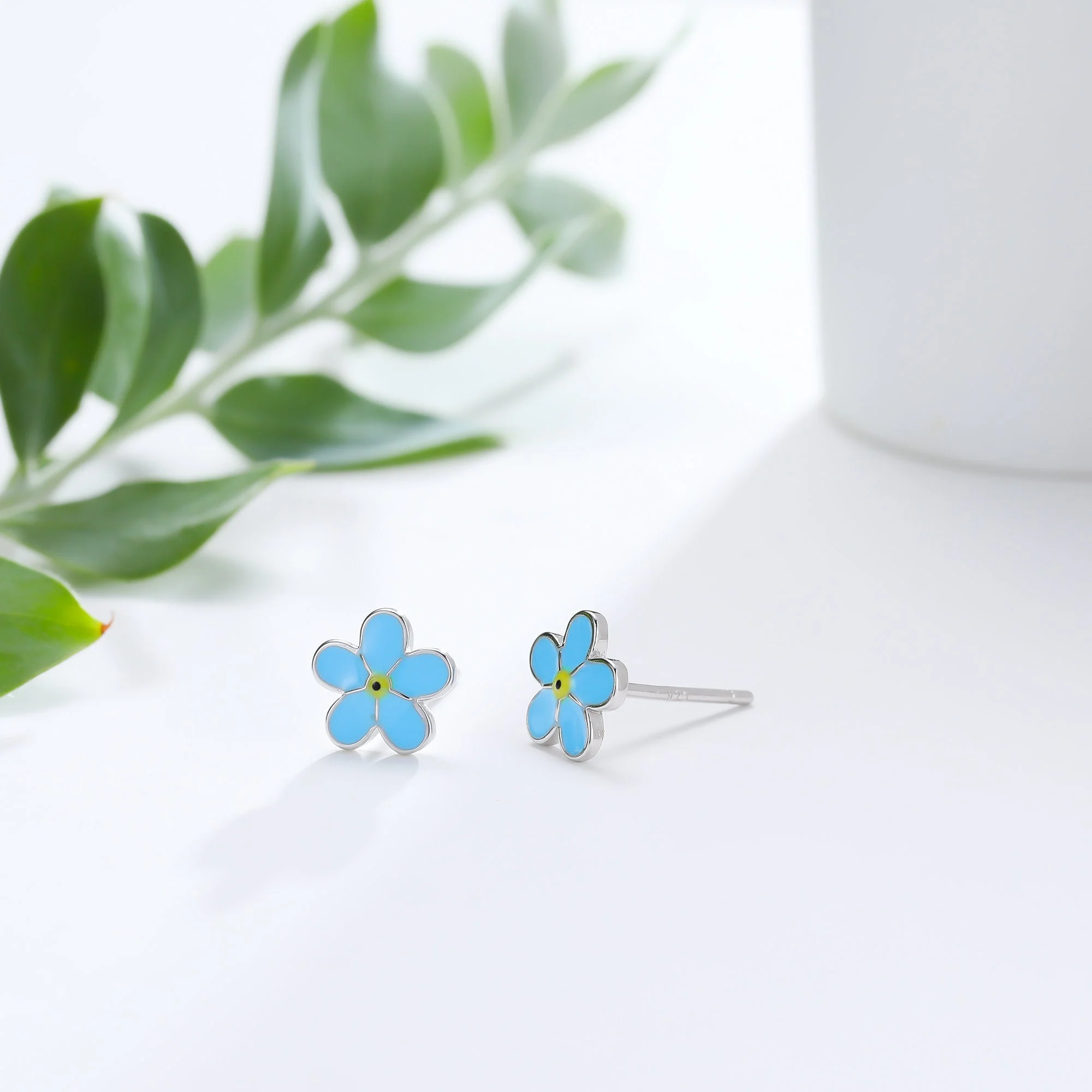 Forget-me-not Enamel Stud Earrings in Sterling Silver, Flower Earrings, Blue Blossom Earrings, Forget me not earrings - Image 4