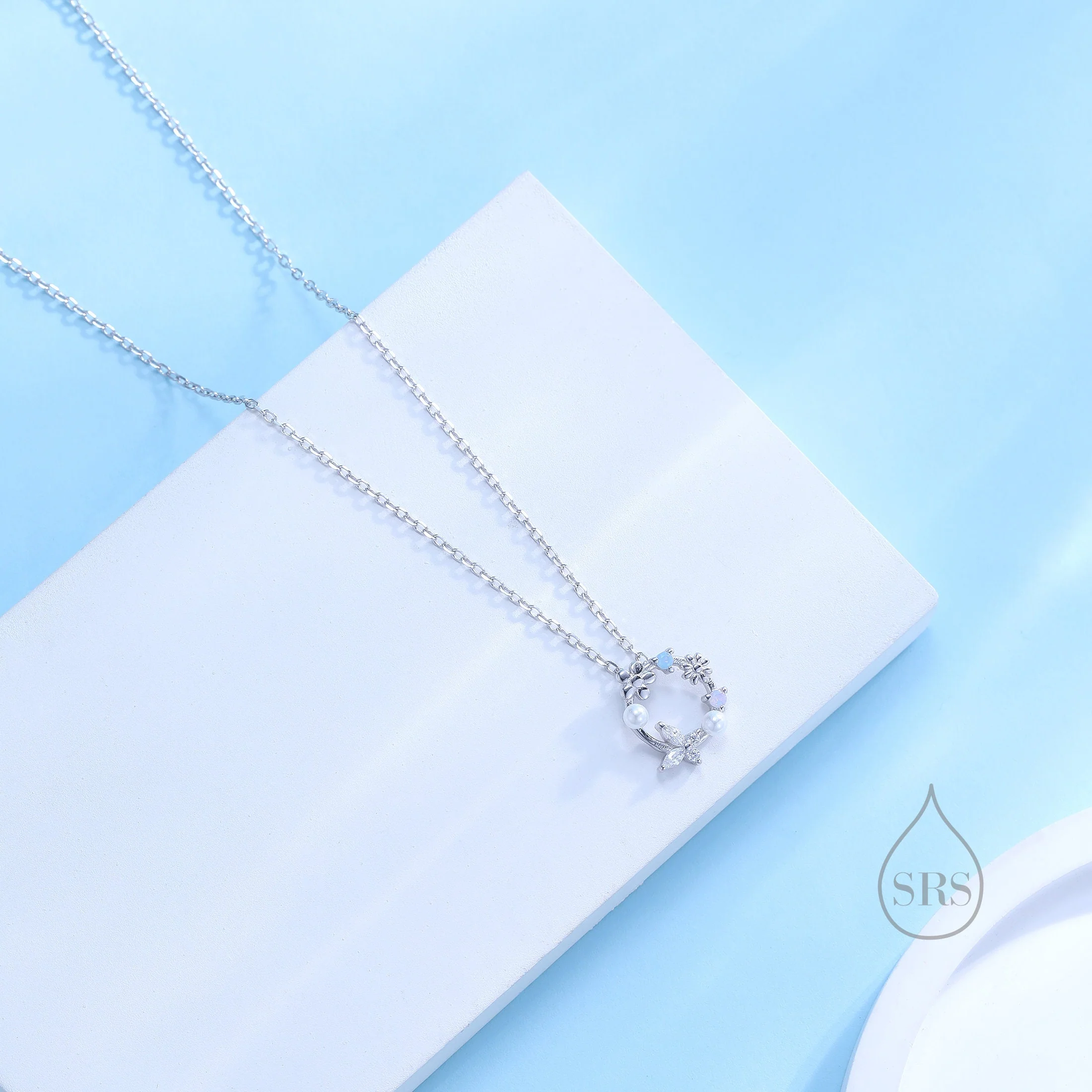 Forget Me Not Flower and Butterfly Wreath Necklace in Sterling Silver, Silver or Gold or Rose Gold, Tiny CZ and Flower Necklace - Image 8