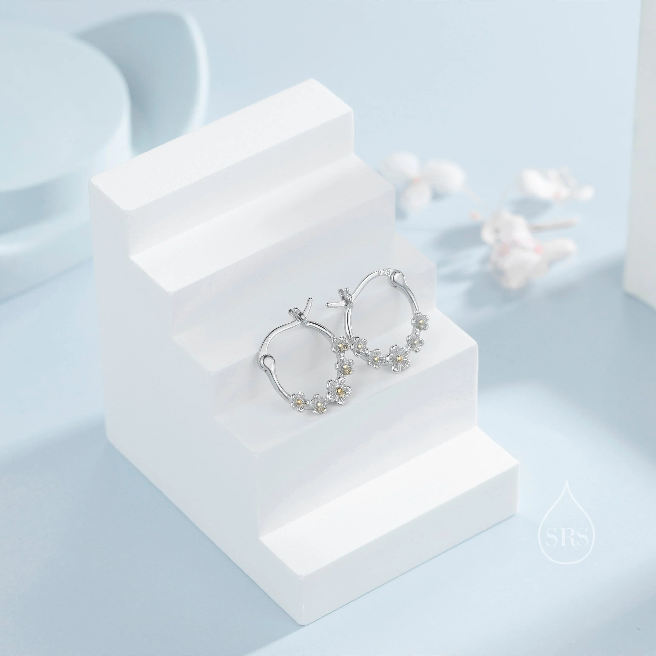 Forget Me Not Flower Cluster Hoop Earrings in Sterling Silver, Flower Bouquet Hoops - Image 4