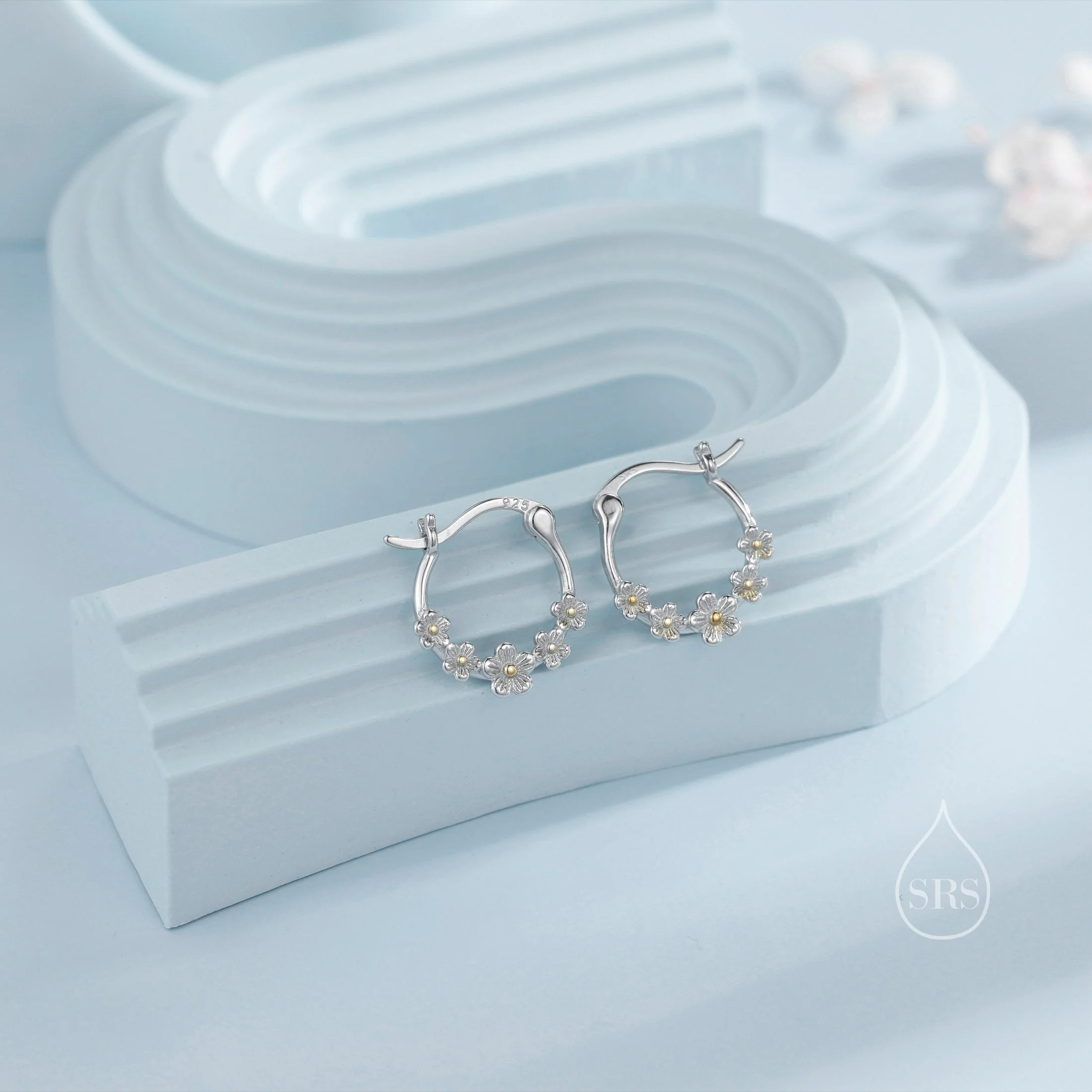 Forget Me Not Flower Cluster Hoop Earrings in Sterling Silver, Flower Bouquet Hoops - Image 5