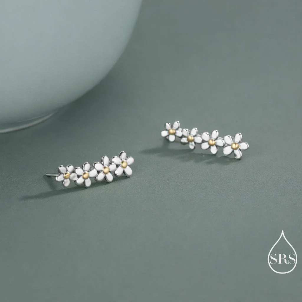 Forget-me-not Flower Crawler Earrings in Sterling Silver, Two Tone Finish, Daisy Chain,  Flower Earrings, Ear Climbers