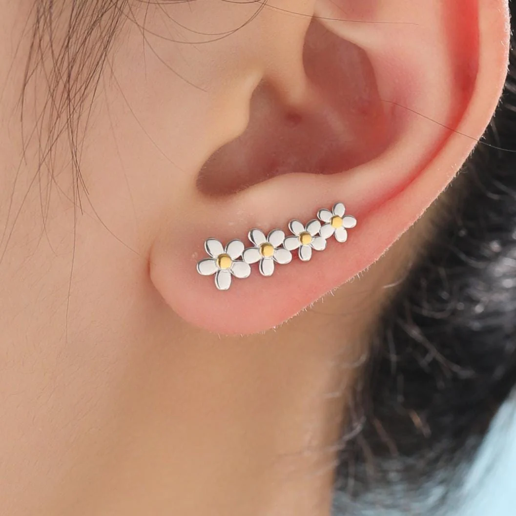 Forget-me-not Flower Crawler Earrings in Sterling Silver, Two Tone Finish, Daisy Chain,  Flower Earrings, Ear Climbers - Image 2