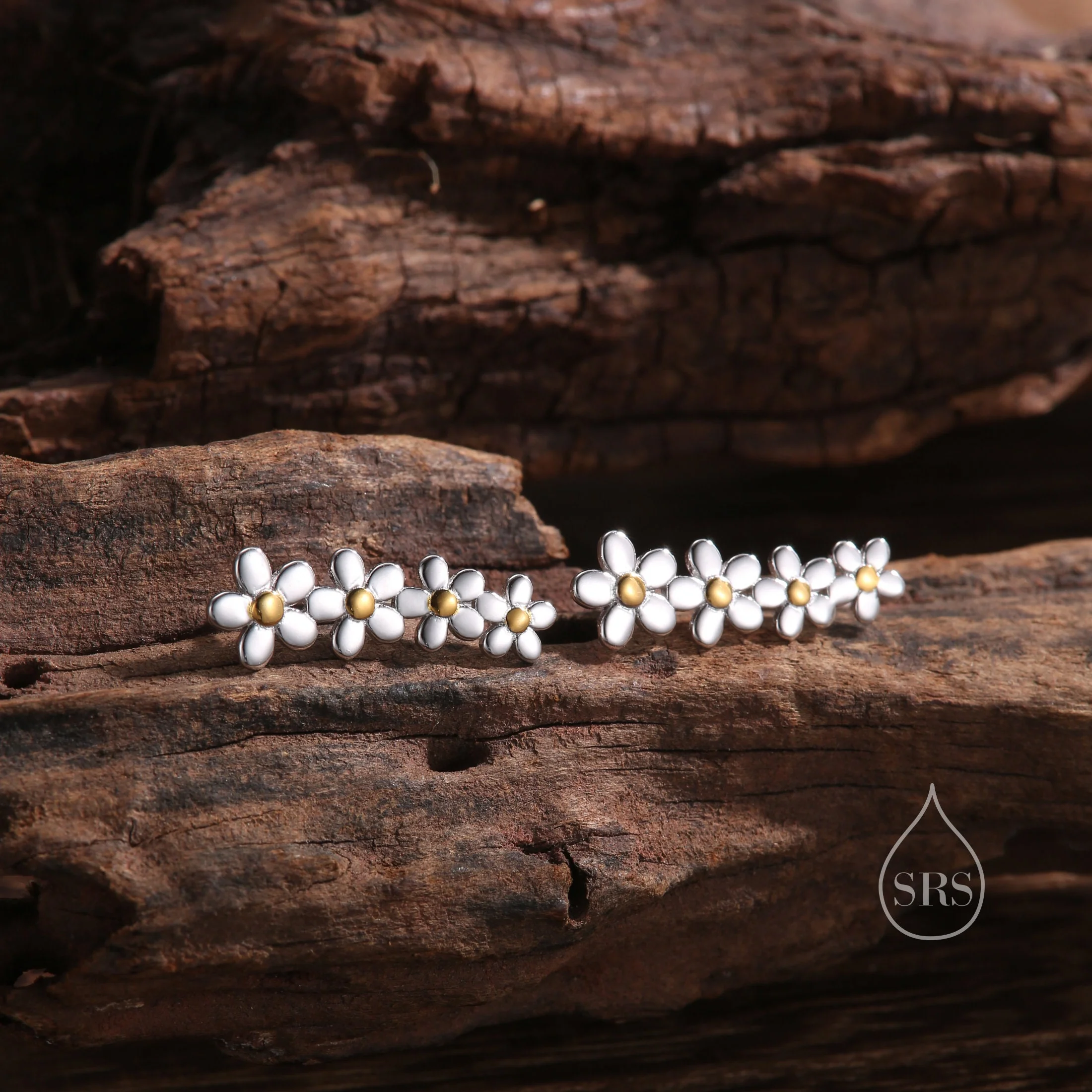 Forget-me-not Flower Crawler Earrings in Sterling Silver, Two Tone Finish, Daisy Chain,  Flower Earrings, Ear Climbers - Image 5