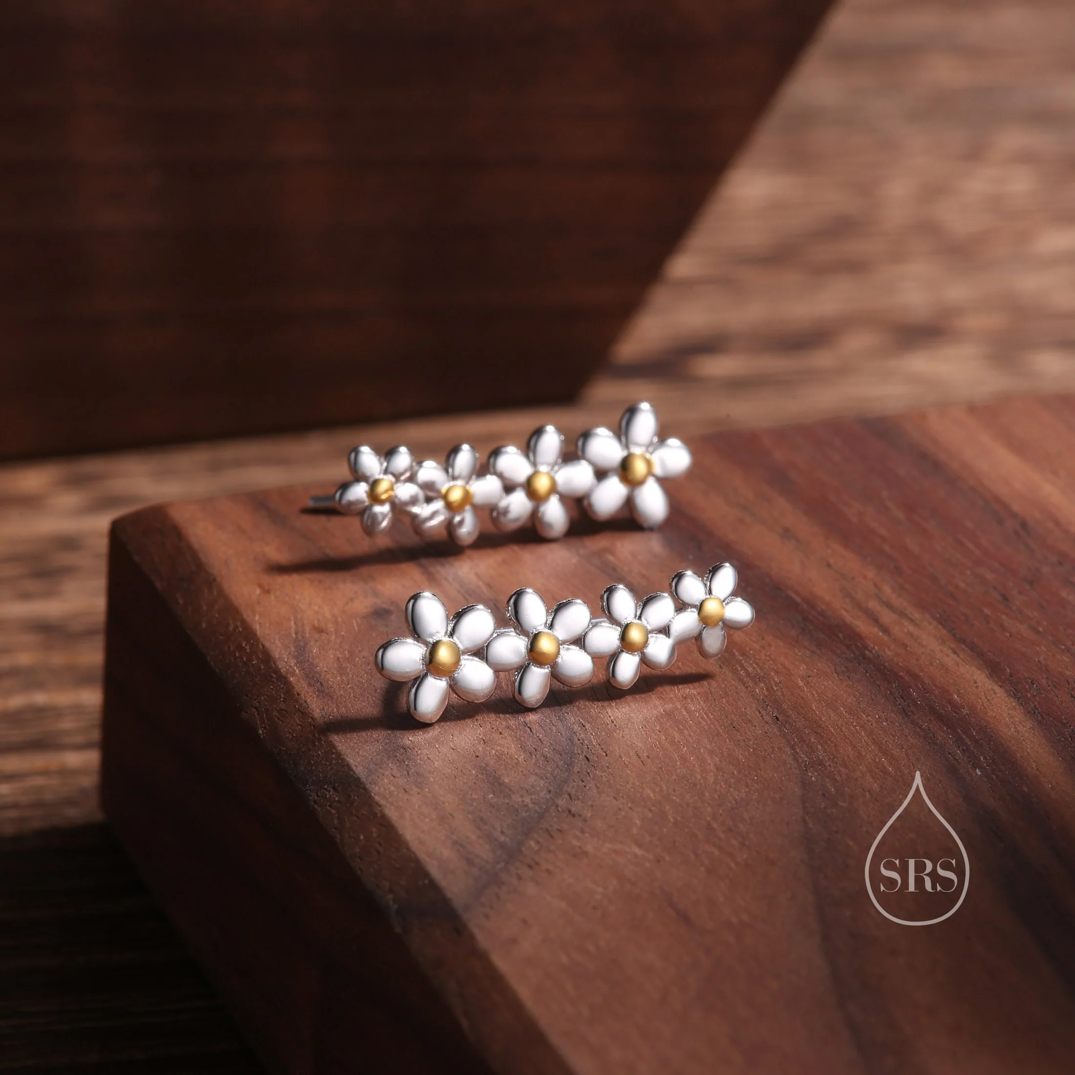Forget-me-not Flower Crawler Earrings in Sterling Silver, Two Tone Finish, Daisy Chain,  Flower Earrings, Ear Climbers - Image 6