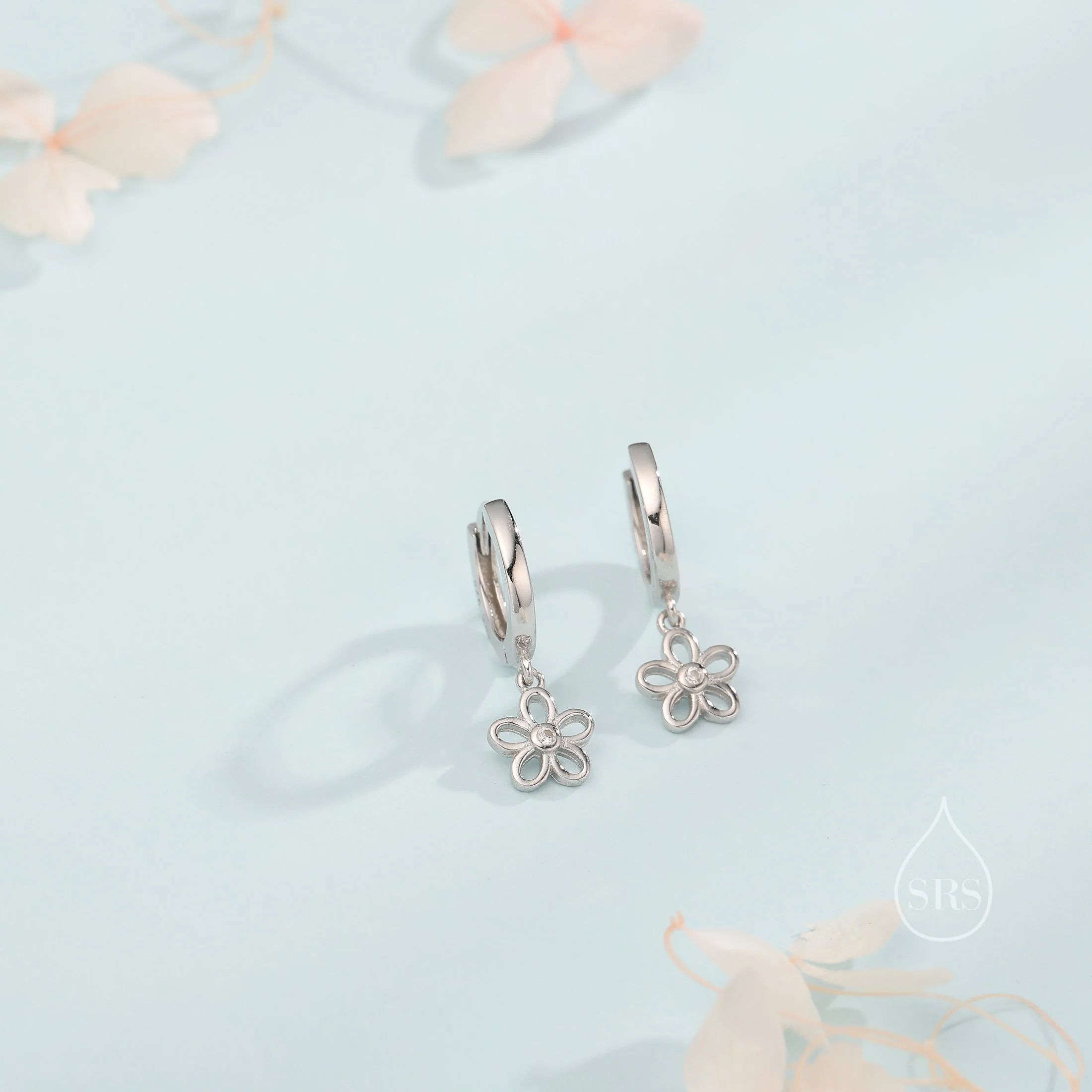 Forget Me Not Flower Huggie Hoop Earrings in Sterling Silver, Silver, Gold or Rose Gold, Tiny Flower Hoops - Image 2