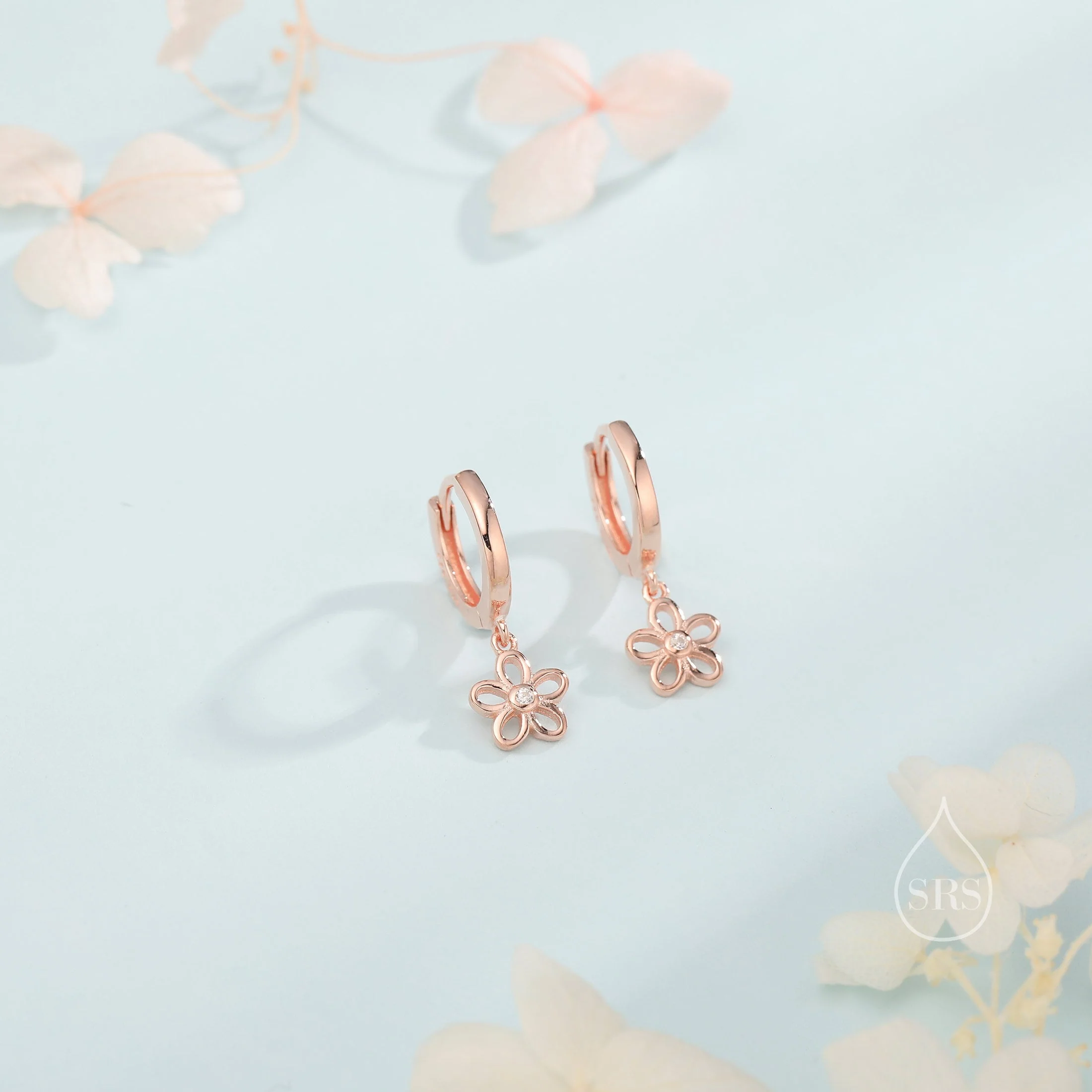 Forget Me Not Flower Huggie Hoop Earrings in Sterling Silver, Silver, Gold or Rose Gold, Tiny Flower Hoops - Image 4