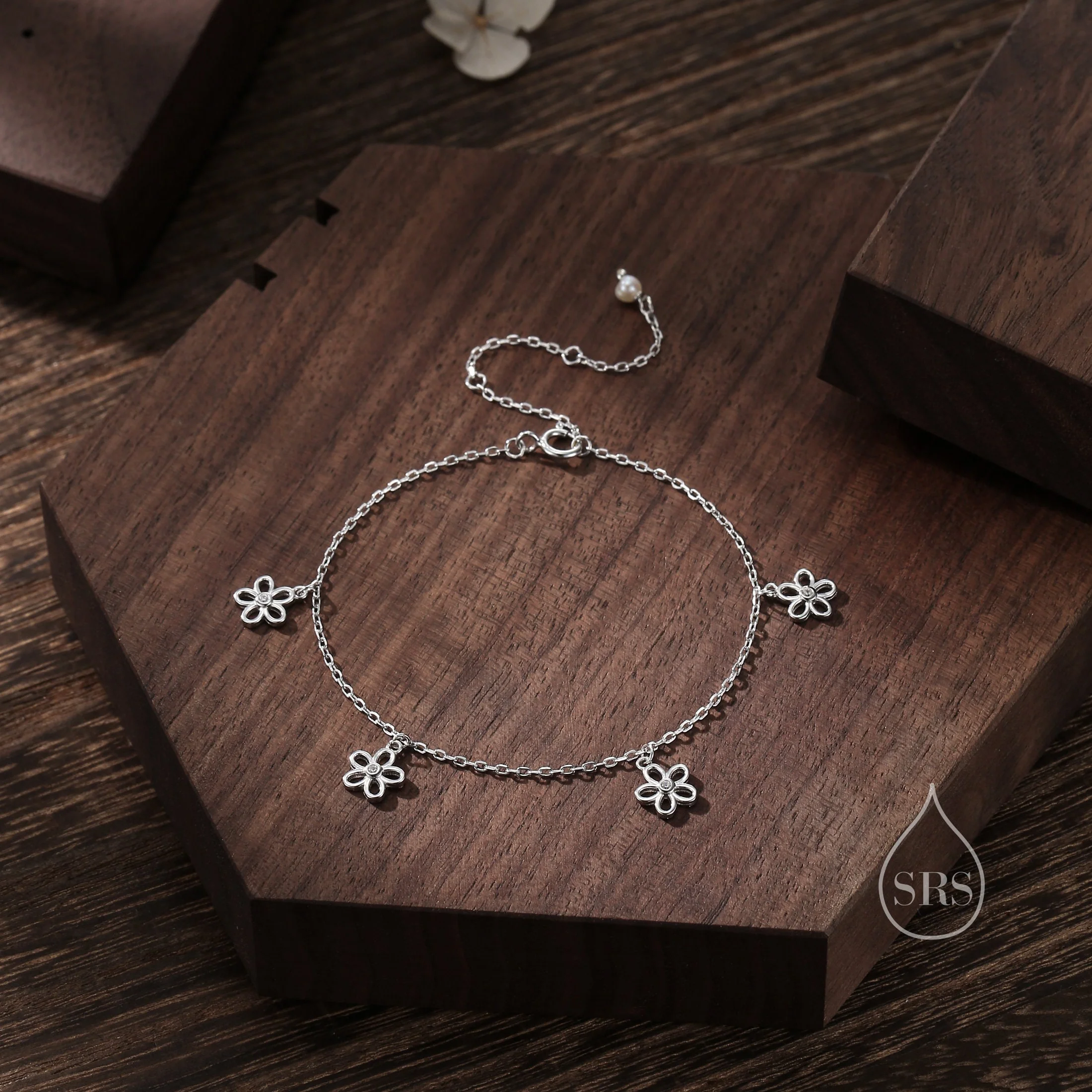 Forget Me Not Flower Motif Bracelet in Sterling Silver, Silver or Gold, Dangle Daisy Bracelet, Forget-me-not Flower Bracelet - Image 2
