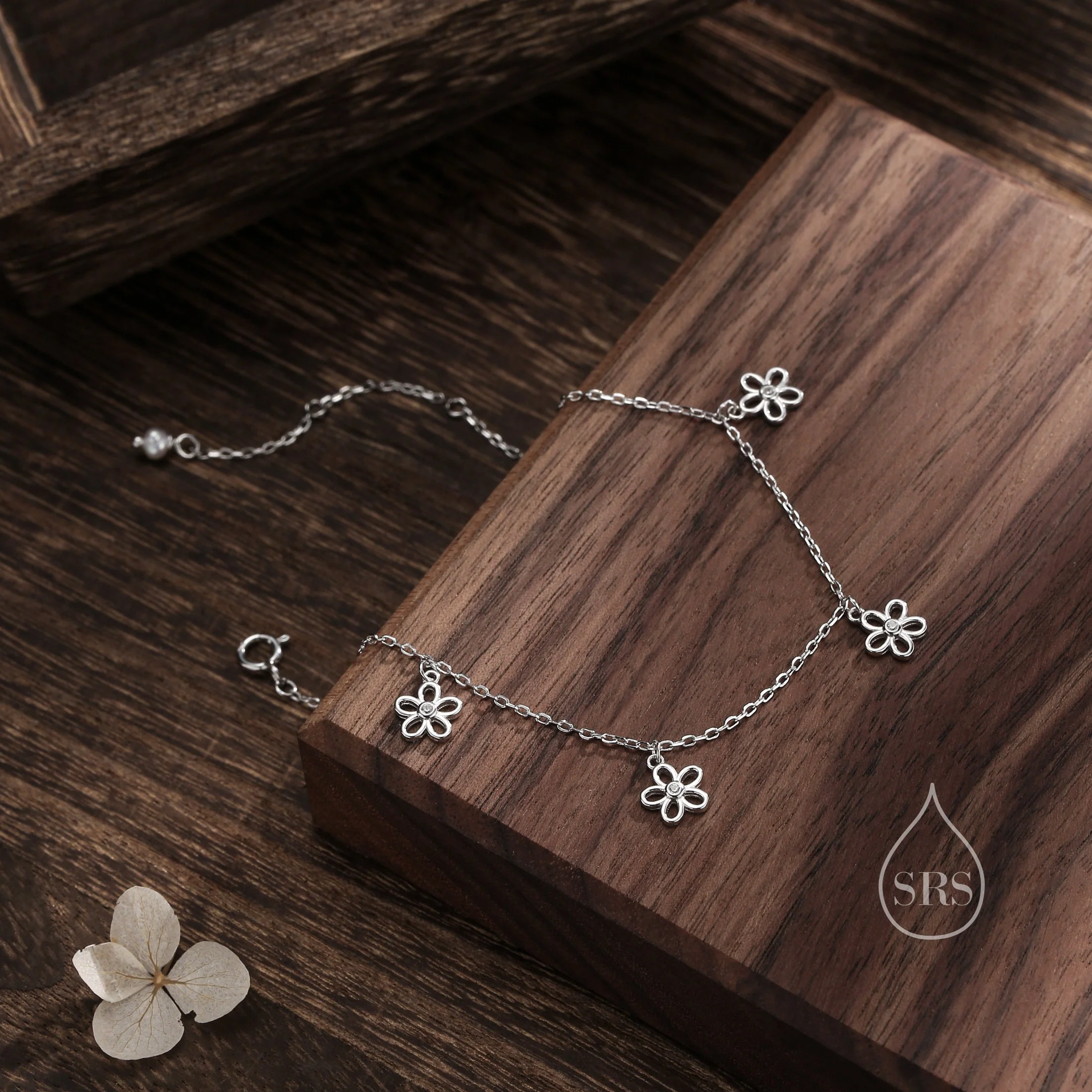 Forget Me Not Flower Motif Bracelet in Sterling Silver, Silver or Gold, Dangle Daisy Bracelet, Forget-me-not Flower Bracelet - Image 4
