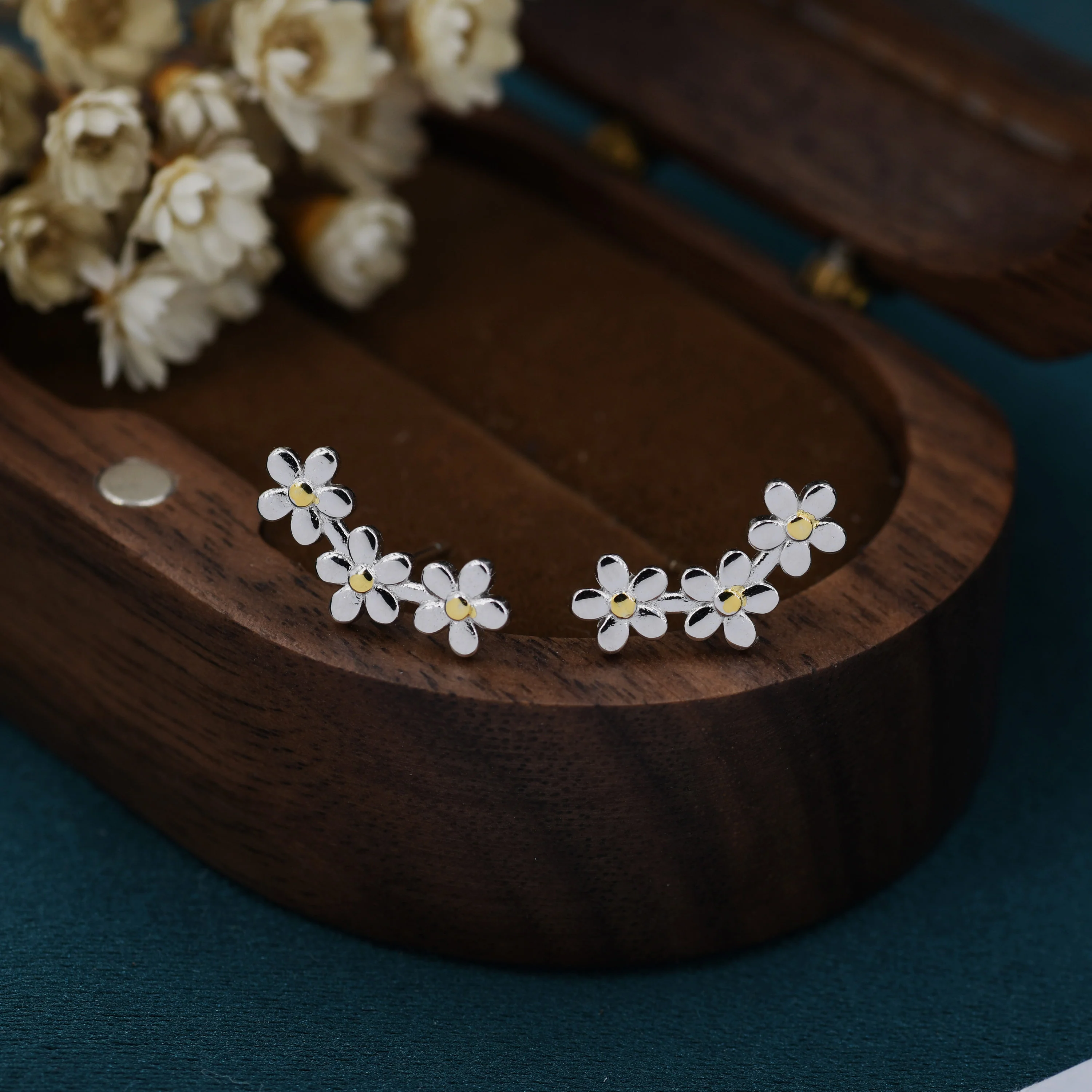 Forget-me-not Flower Stud Earrings in Sterling Silver, Three Flower Bouquet Earrings, Triple Daisy Flower Cluster Earrings - Image 4