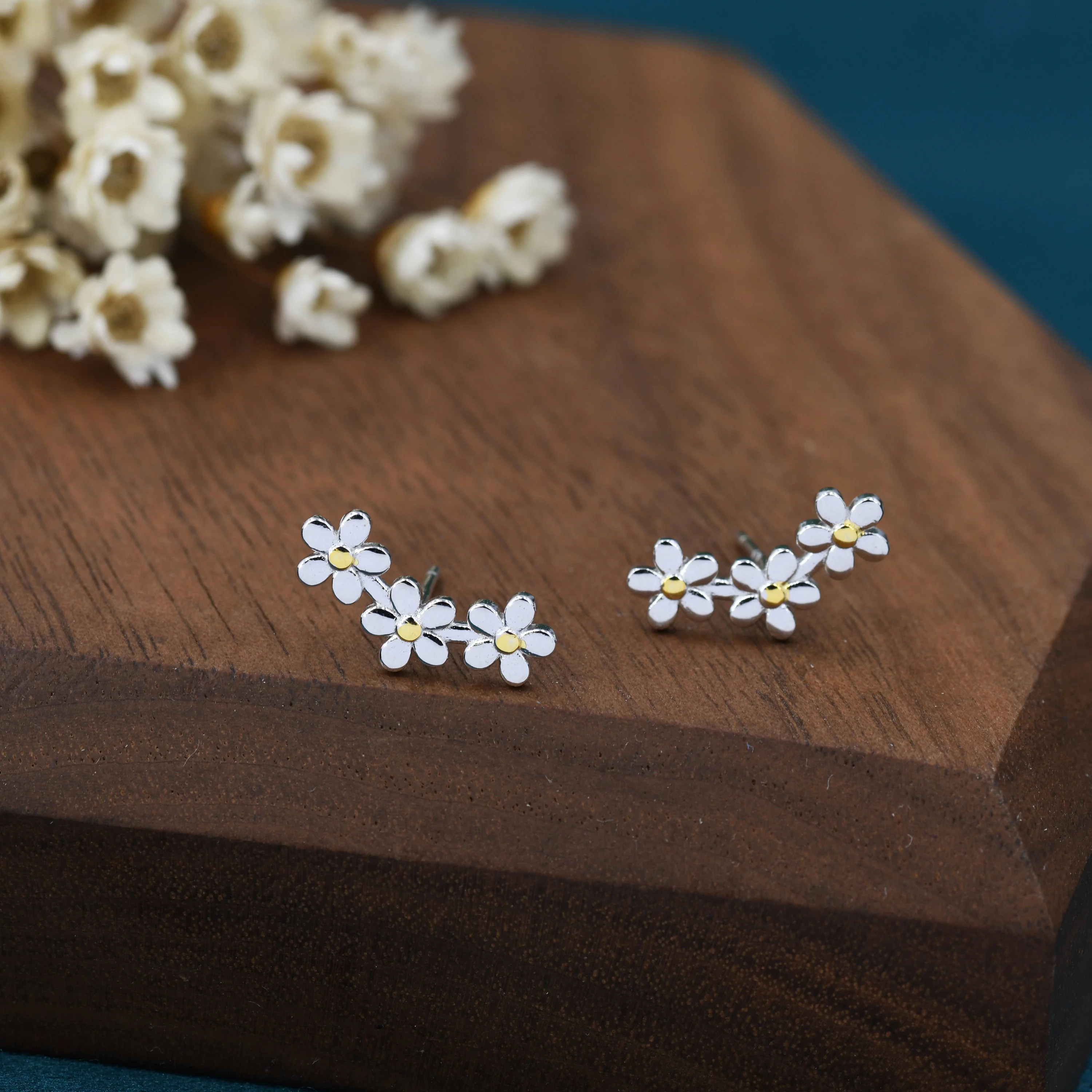 Forget-me-not Flower Stud Earrings in Sterling Silver, Three Flower Bouquet Earrings, Triple Daisy Flower Cluster Earrings - Image 7