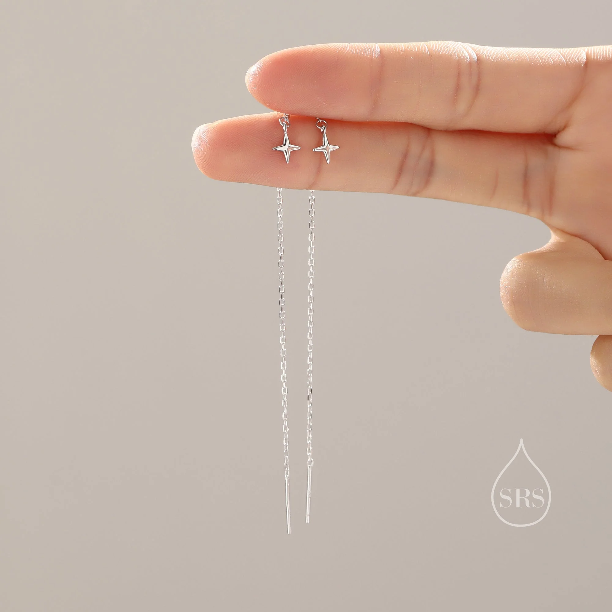 Four Point Star Threader Earrings in Sterling Silver, Silver or Gold, Star Ear Threaders - Image 3