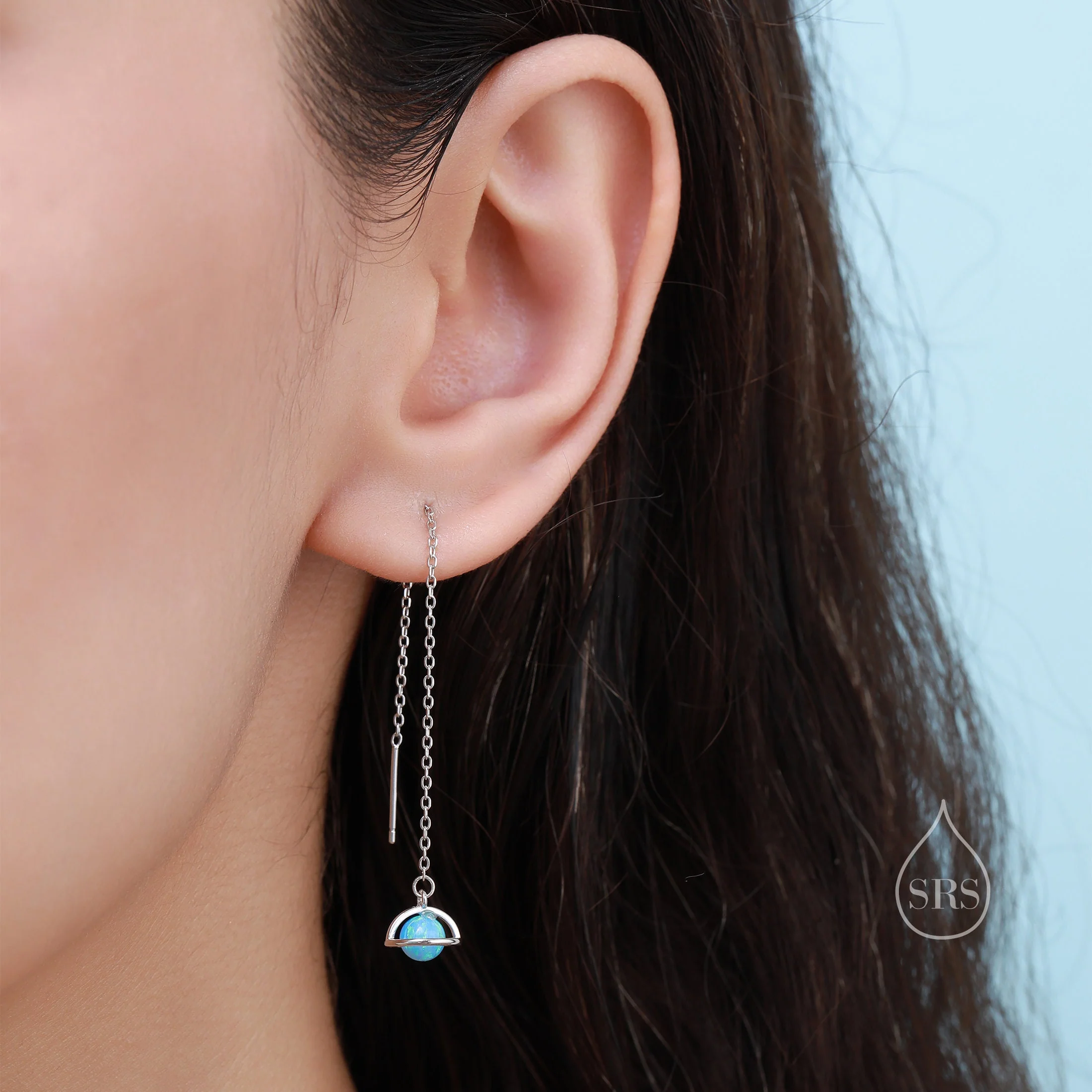 Frosted Moonstone Planet Threader Earrings in Sterling Silver, Silver or Gold, Lab Moonstone Bead Planet Ear Threaders, 9cm long threaders - Image 8