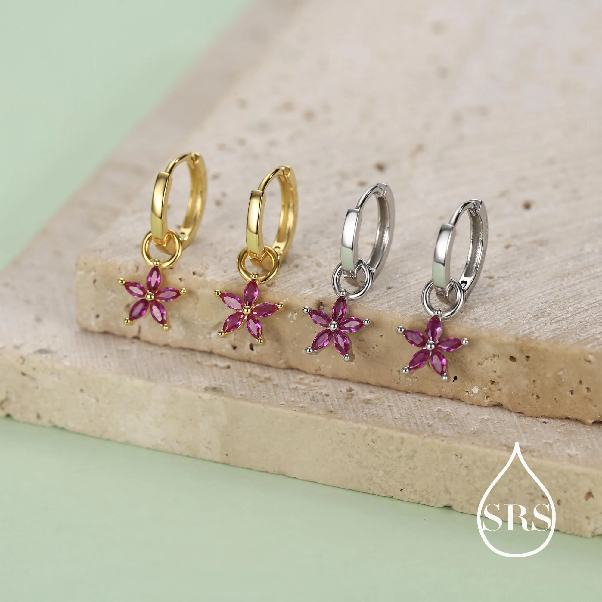 Fuchsia Red Flower CZ Huggie Hoop in Sterling Silver, Silver or Gold, Minimalist Simple Hoop Earrings, Detachable and Interchangeable - Image 6