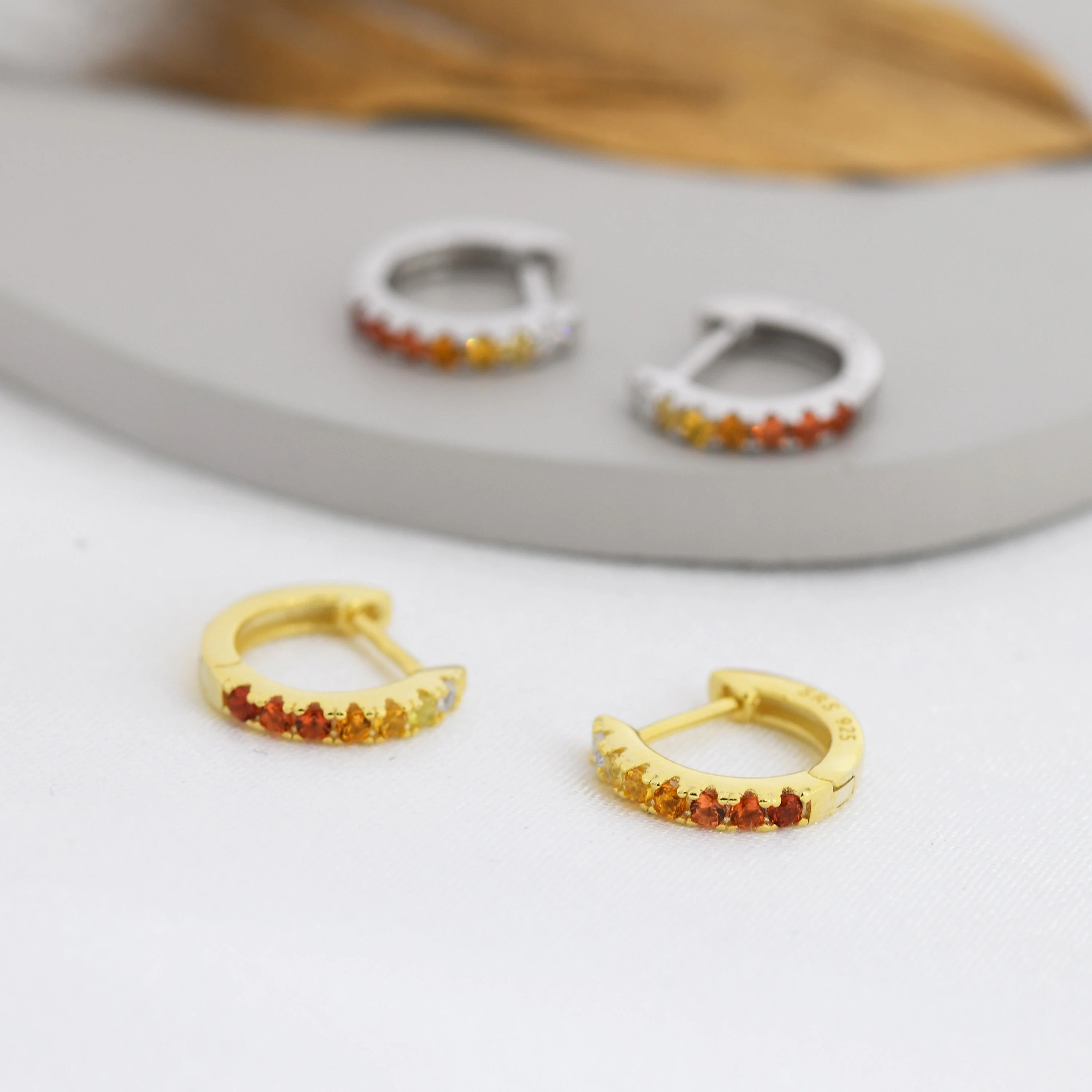 Garnet Red Ombre CZ Huggie Hoops in Sterling Silver, Silver or Gold, Minimalist Hoop Earrings, 8mm Hoops, cartilage hoops, Gradient - Image 4