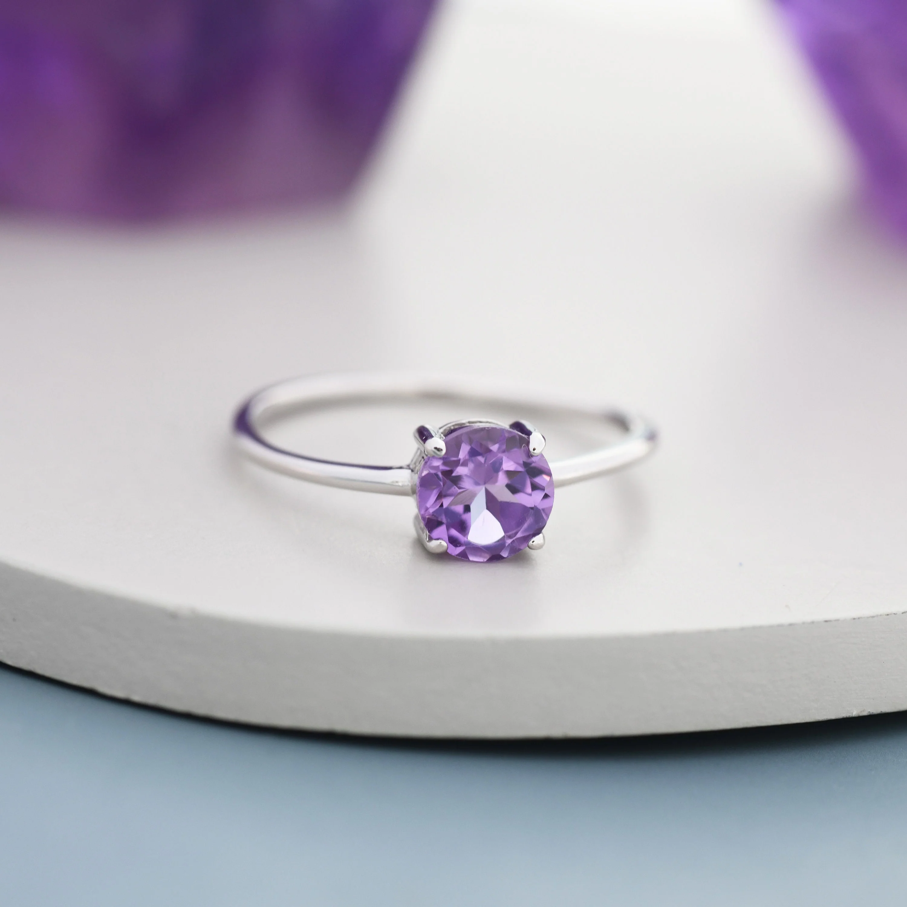 Genuine 1Ct Amethyst Crystal Ring in Sterling Silver, Natural Brilliant Cut Citrine Stone Ring, Stacking Rings, US 5-8 - Image 4