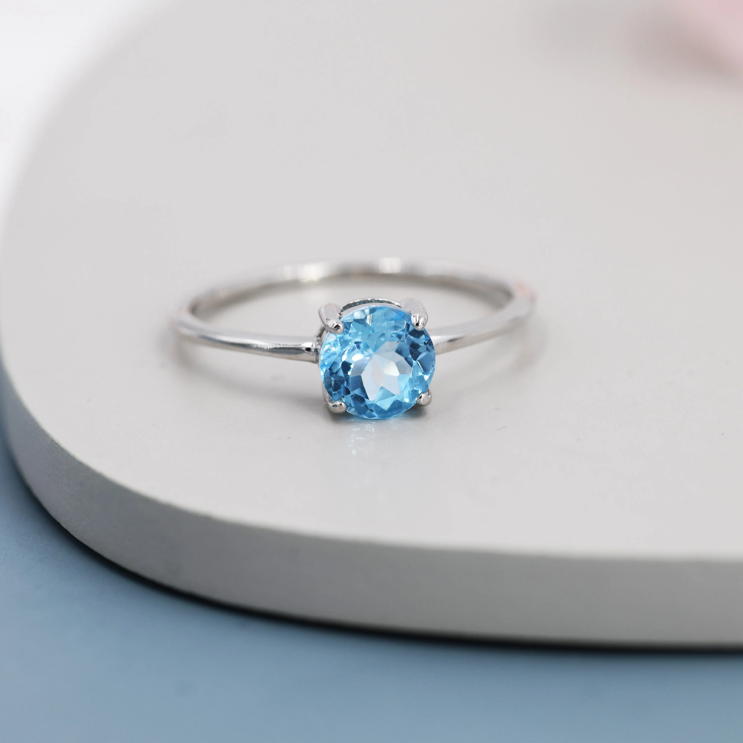 Genuine Swiss Blue Topaz Ring in Sterling Silver, Natural Brilliant Cut 6mm Topaz Stone Ring, Stacking Rings, US 5-8 - Image 5